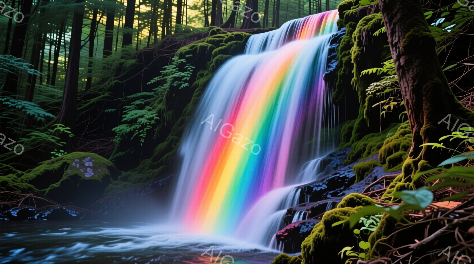鮮やかな虹色の滝が、緑豊かな森林を背景に流れ落ちています。滝は岩肌を伝い、周囲の植物に水しぶきを上げています。全体的に神秘的で幻想的な雰囲気で、自然の美しさが際立っています。