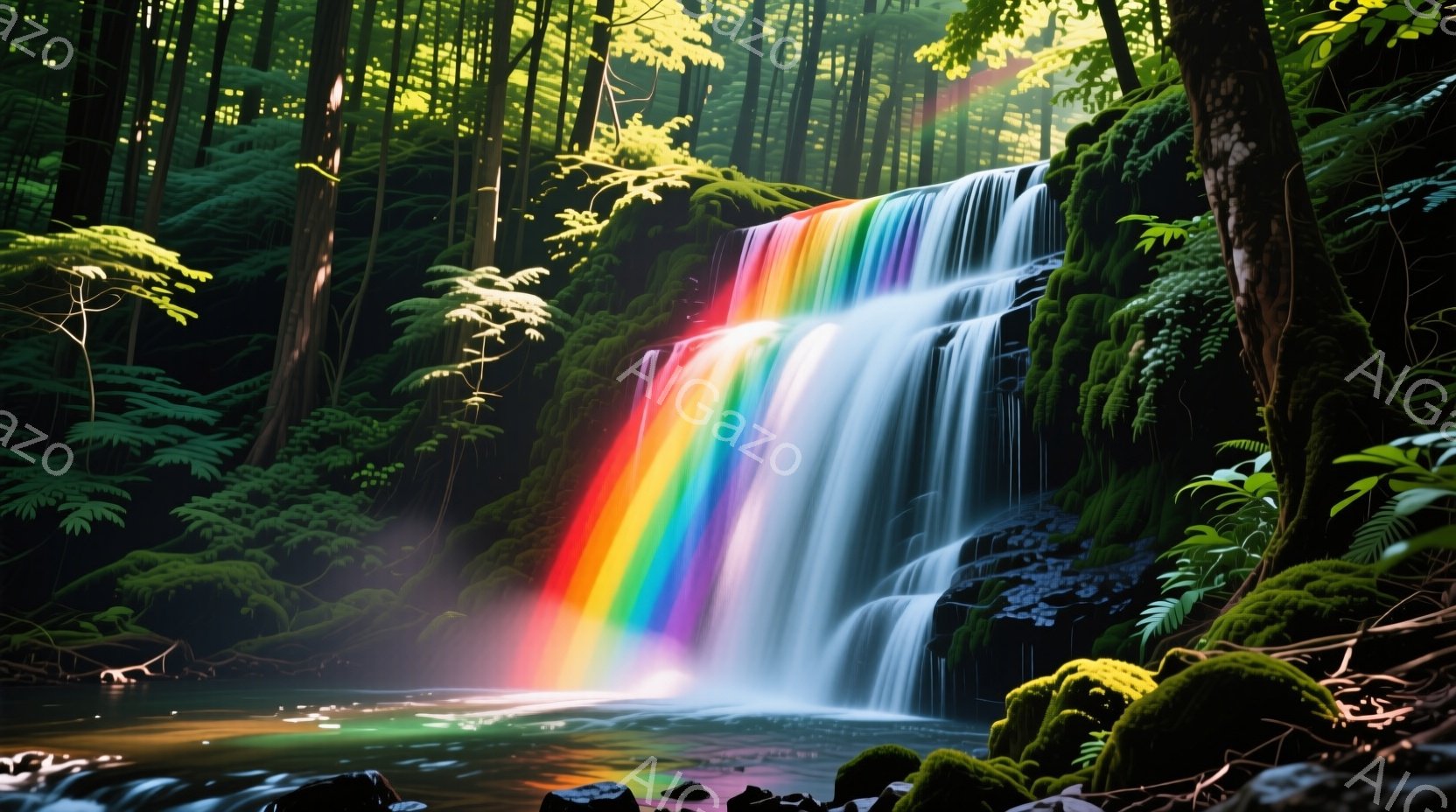 鮮やかな虹が、苔むした岩や緑豊かな植物に囲まれた滝にかかっています。水はいくつかの段差を流れ落ち、水しぶきが光を反射して幻想的な雰囲気を醸し出しています。背景は深い緑色で覆われた森林で、静かで平和な自然の光景が広がっています。