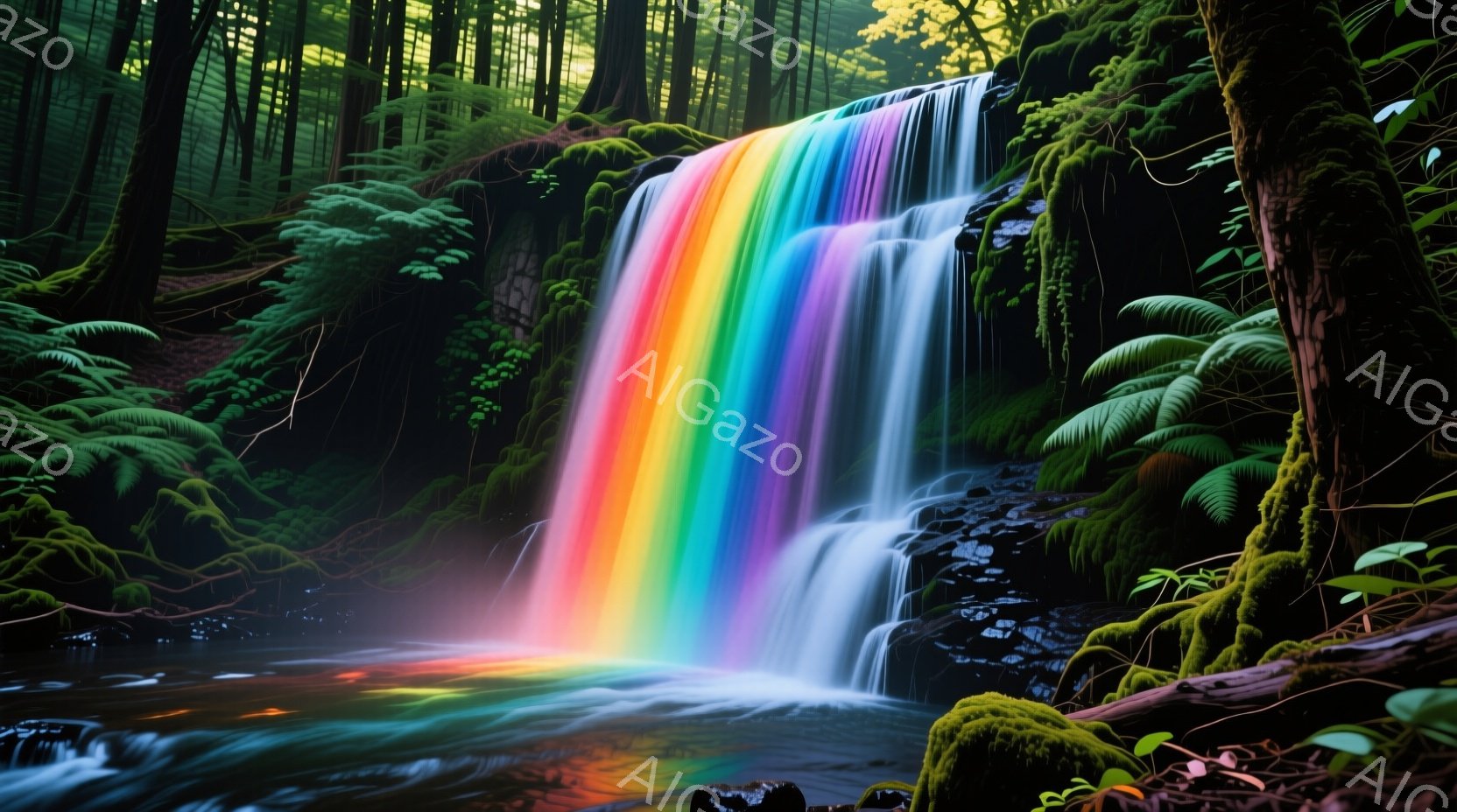 緑豊かな森林の中に、虹色に輝く滝が流れ落ちています。滝の周りには、苔むした岩や木々が生い茂り、幻想的な雰囲気を醸し出しています。水は流れ落ちるにつれて光を反射し、鮮やかな色彩を描き出しています。