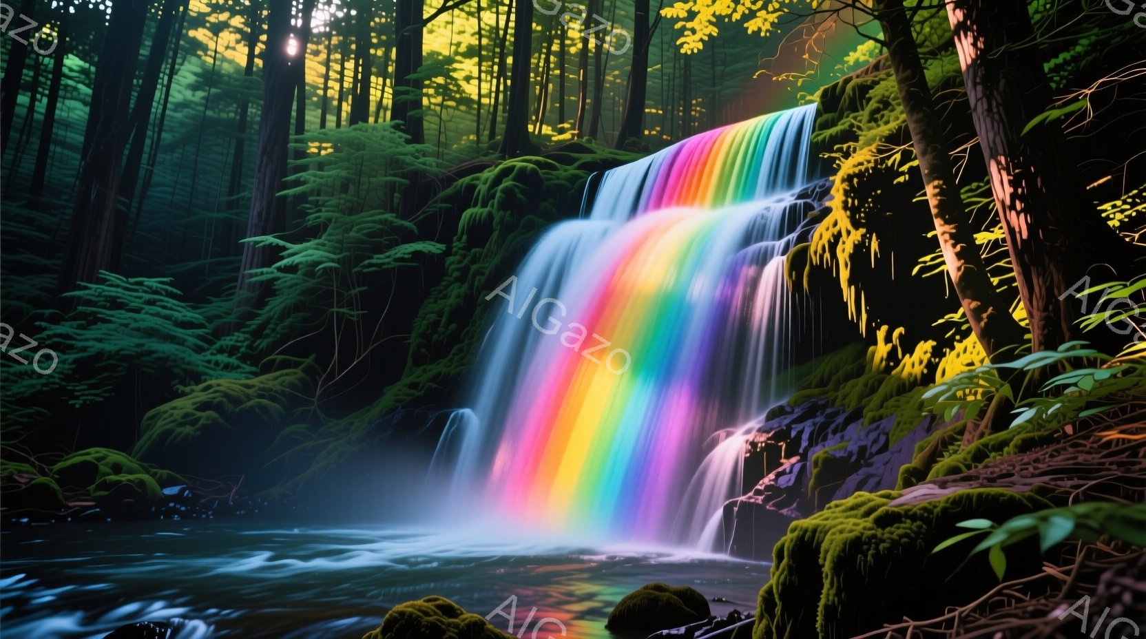 鮮やかな虹色の滝が、緑豊かな森林を背景に流れ落ちています。滝の周囲には苔むした岩や植物が茂り、水面は静かに輝き、神秘的な雰囲気を醸し出しています。木々の間から差し込む光が、滝と周囲の緑を照らし、幻想的な光景を作り出しています。