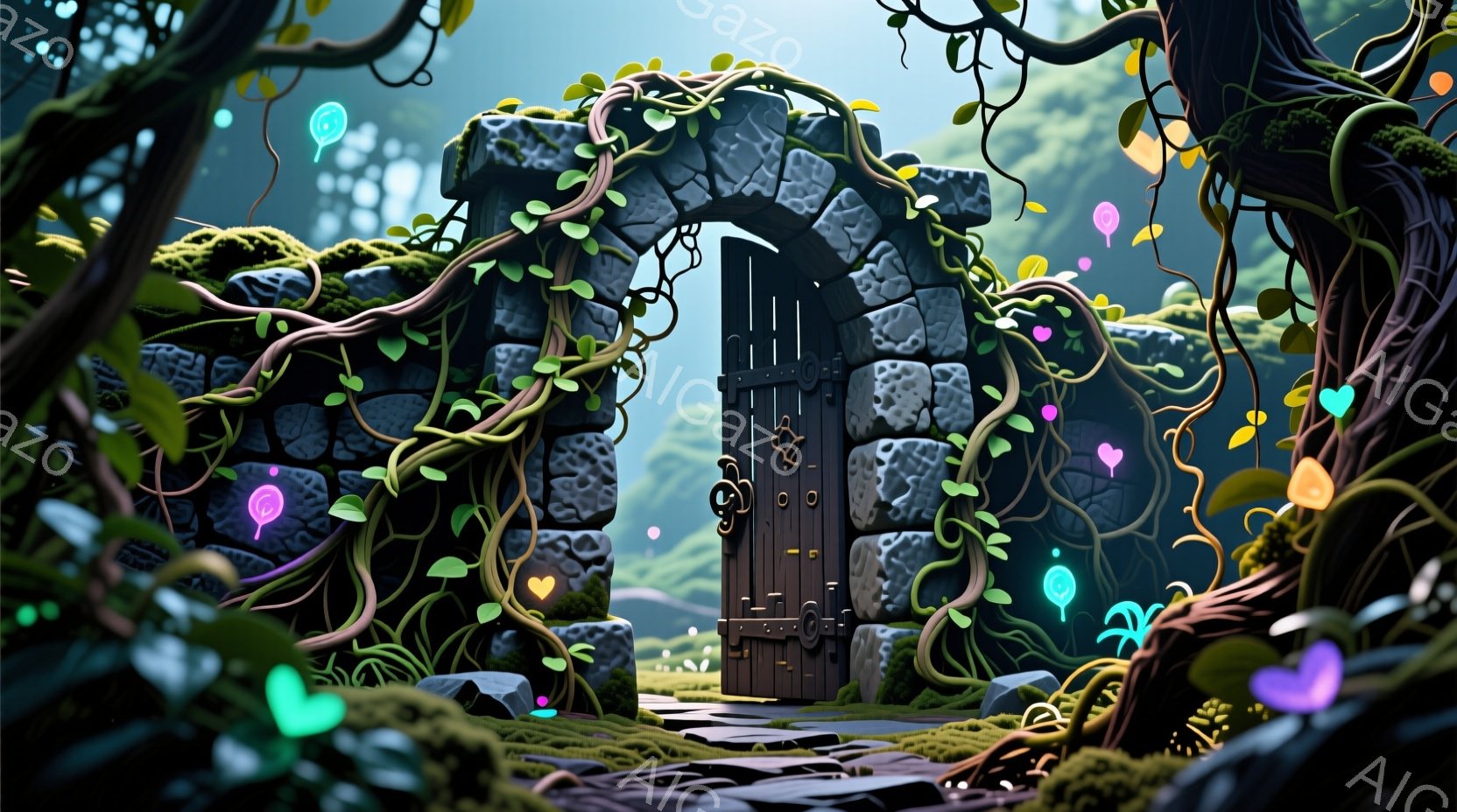 古代の石造りのアーチが、緑豊かな草が生い茂る小道を挟んで立っている。アーチは蔦に覆われ、半開きの木製のドアが異世界への入り口を暗示している。背景には苔むした木々が立ち並び、浮かぶ発光するハート形の光が幻想的な雰囲気を醸し出している。