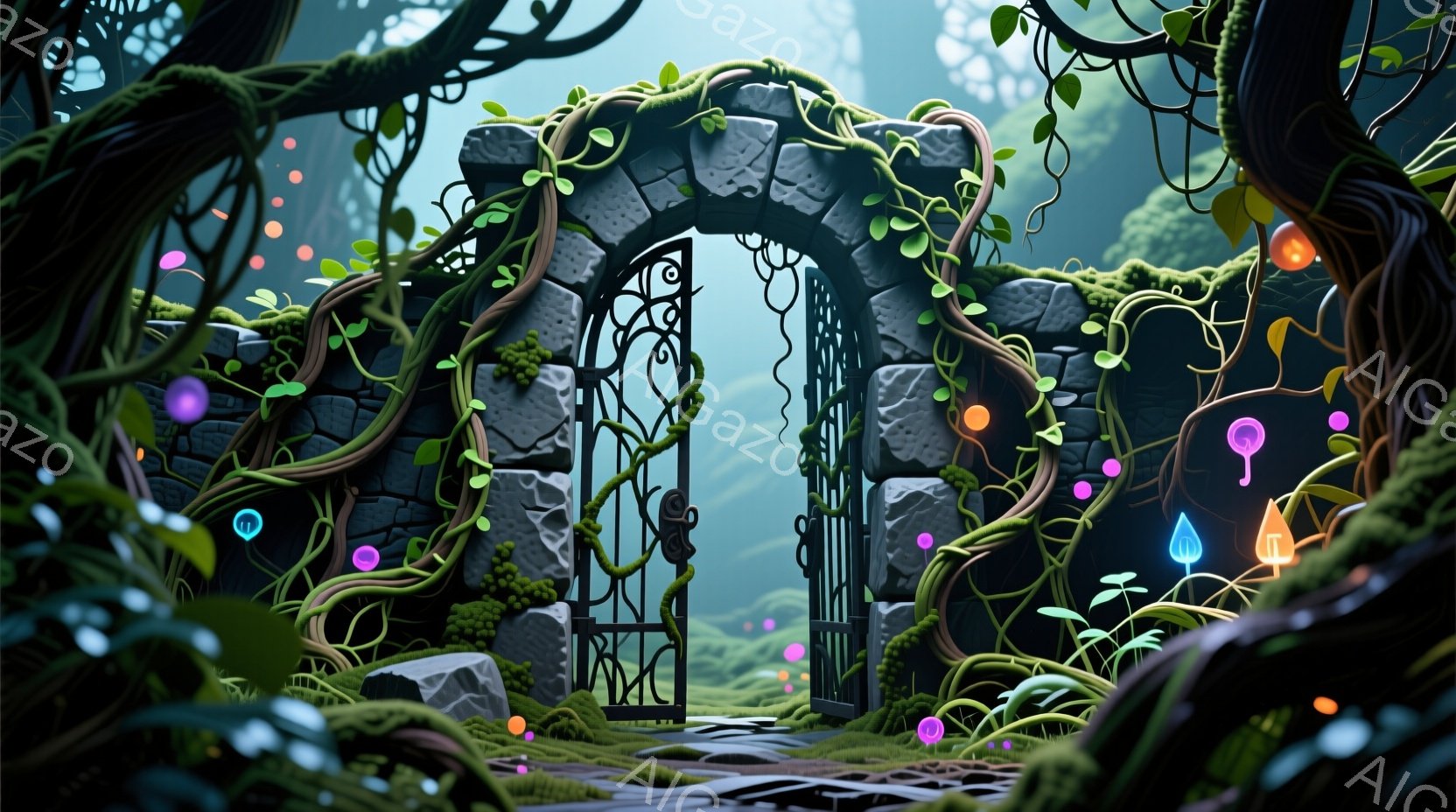 古びた石造りのアーチが、緑豊かな自然に囲まれて描かれています。アーチはツタや苔で覆われ、朽ちかけた鉄の門が設置されています。背景には霧のかかった森が広がり、様々な色の光る球体が幻想的な雰囲気を醸し出し - AI生成フリー素材