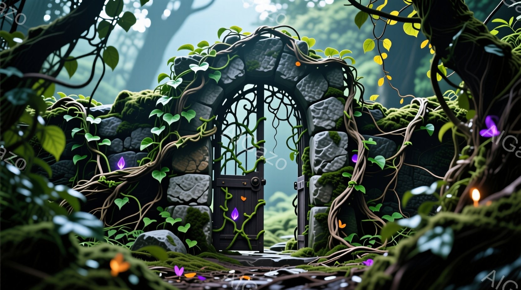 苔むした石造りのアーチが、緑豊かな森林の中に存在感を放っている。アーチはつる植物で覆われ、その中に暗い木製のドアが見える。地面には紫色とオレンジ色の花が散らばり、幻想的な雰囲気を醸し出している。