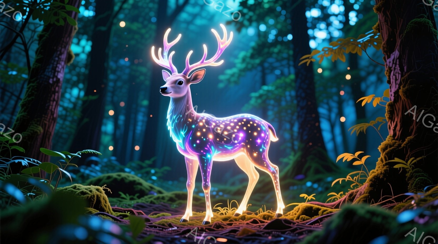 深い森の中で、光り輝く鹿が立っている。その体は、ピンク、紫、水色の光の粒子で覆われ、まるで星空のようであり、神秘的な雰囲気を醸し出している。背景には苔むした木々や植物が茂り、幻想的な光の粒子が舞い、静かで穏やかな雰囲気を演出している。