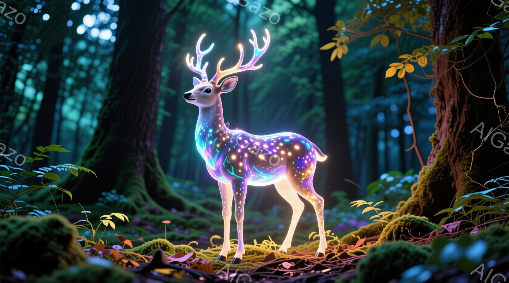 鮮やかな光を放つシカが、緑豊かな森の中に立っている。その体は、虹色の光の粒子で覆われ、神秘的な雰囲気を醸し出している。周囲には苔むした木々やカラフルなキノコが生い茂り、幻想的な自然環境が広がっている。