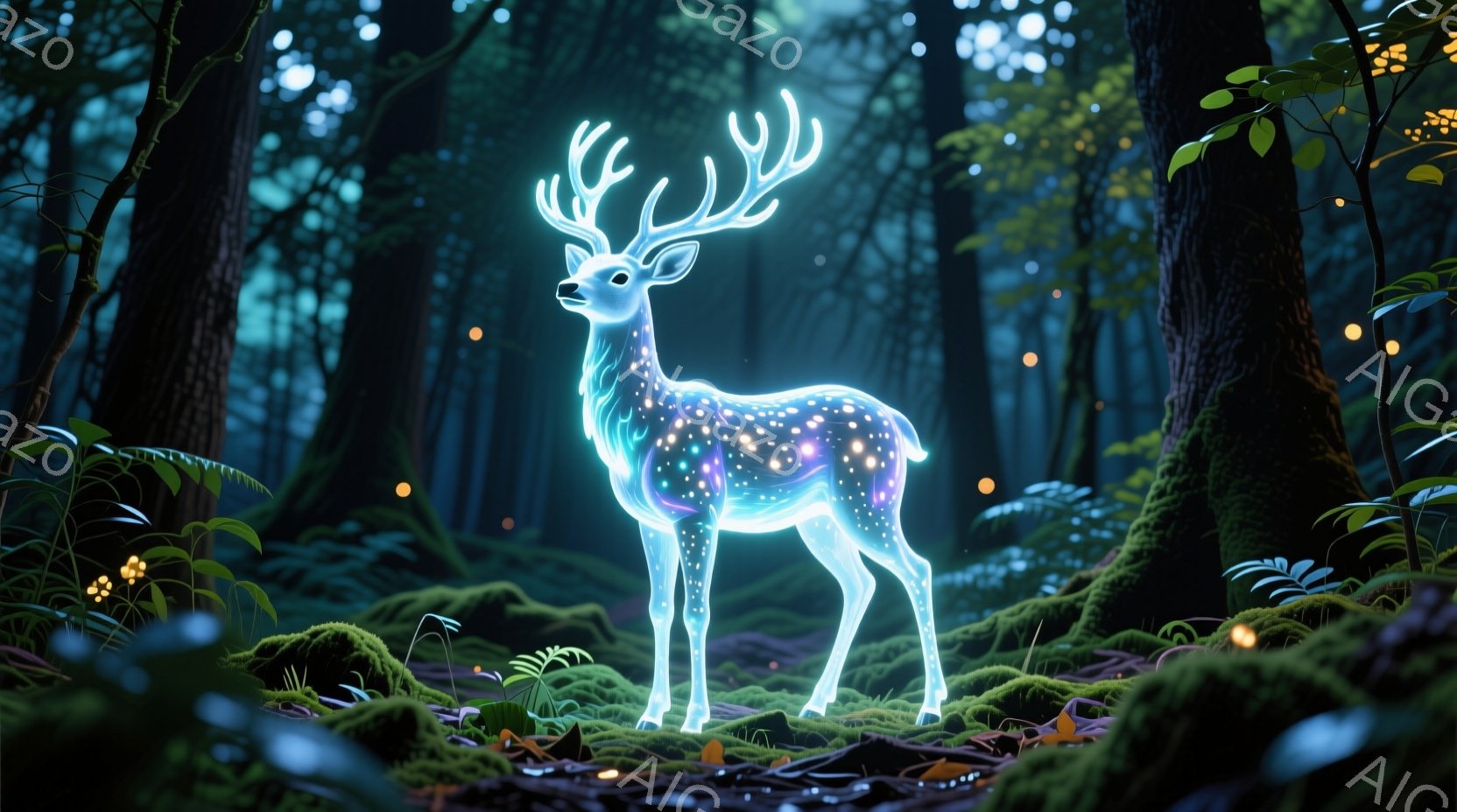 光り輝く青い鹿が、緑豊かな森林の中で堂々と立っている。体には星のような光の粒子が散りばめられ、角も同様に光を放っている。背景には苔むした木々や植物が見られ、暗い森の中に幻想的な光が漂う、神秘的な雰囲気である。