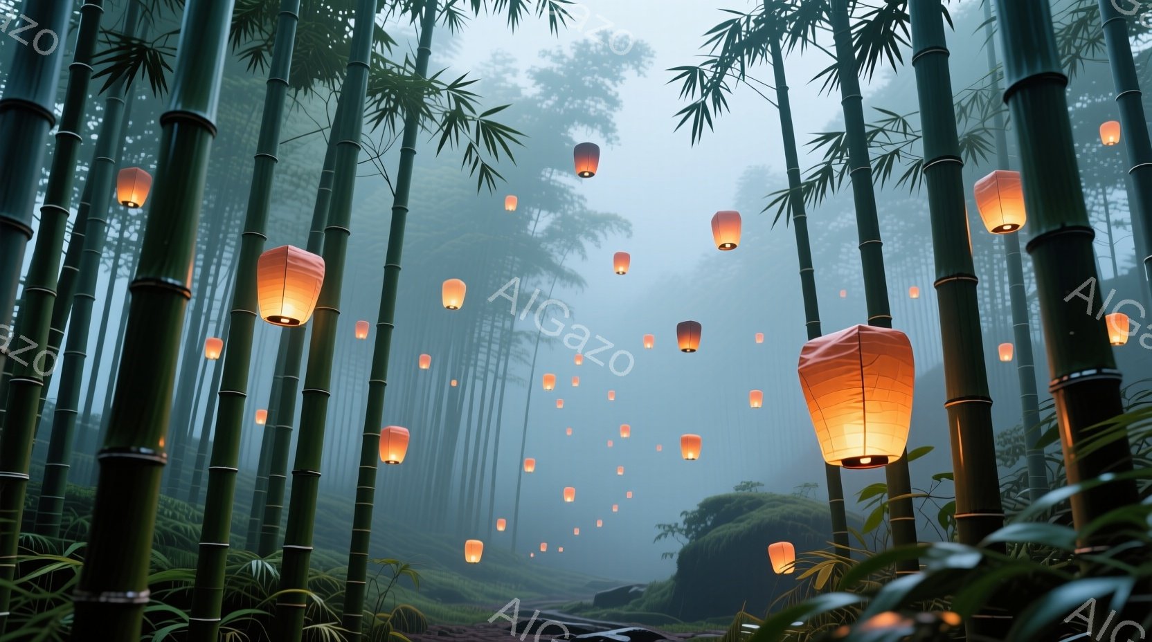 緑豊かな竹林が広がり、霧が立ち込める幻想的な風景です。無数のオレンジ色の提灯が空中に浮かび、まるで夜空の星のように光を放っています。静寂の中に漂う暖かな光が、神秘的で穏やかな雰囲気を醸し出しています。