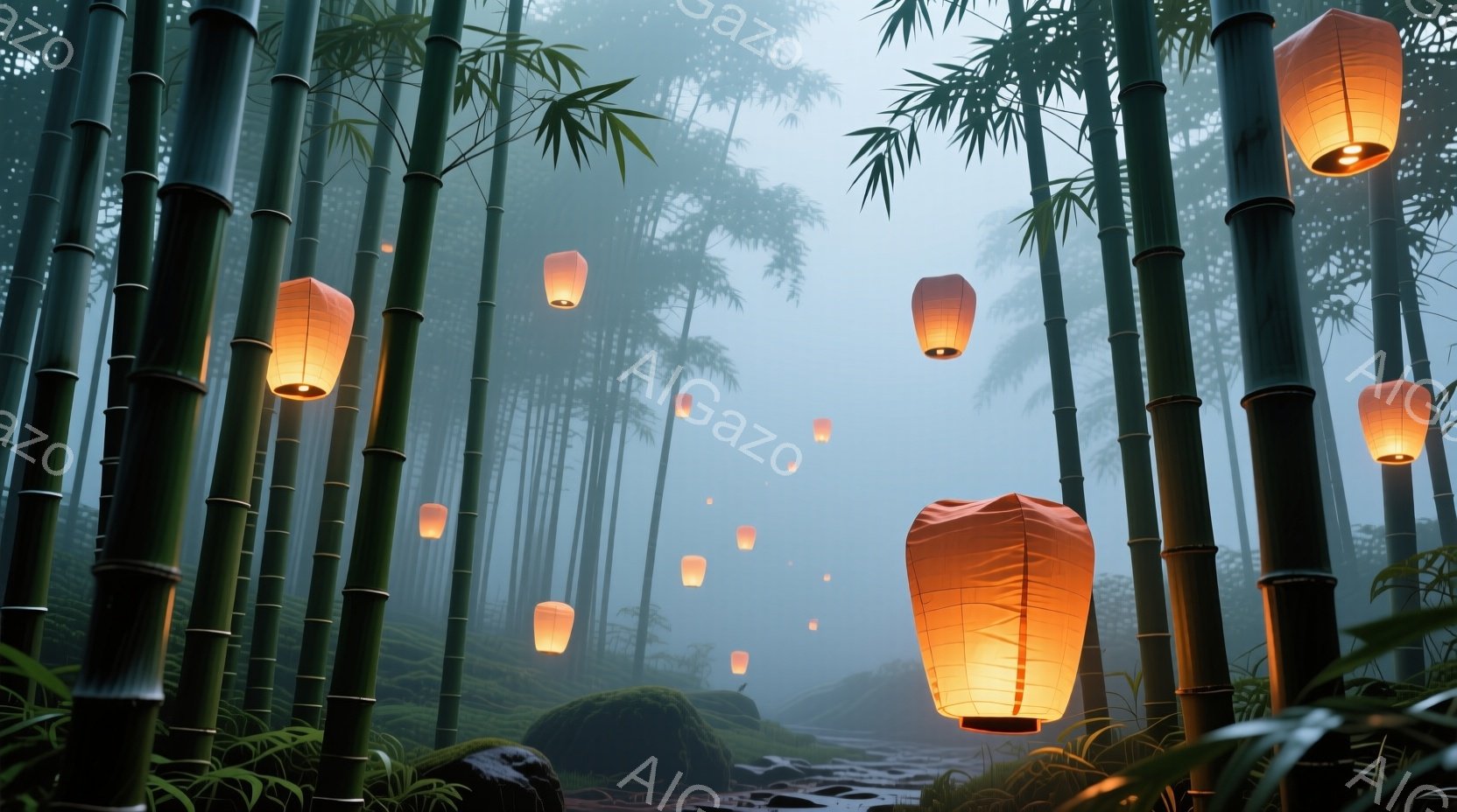 濃い竹林の中に、ぼんやりとした光を放つ提灯が浮かび上がり、幻想的な雰囲気を醸し出しています。地面は湿った土と小石で覆われ、苔むした岩や鬱蒼とした植物が点在し、静寂と神秘性を感じさせます。霧が立ち込め、 - AI生成フリー素材