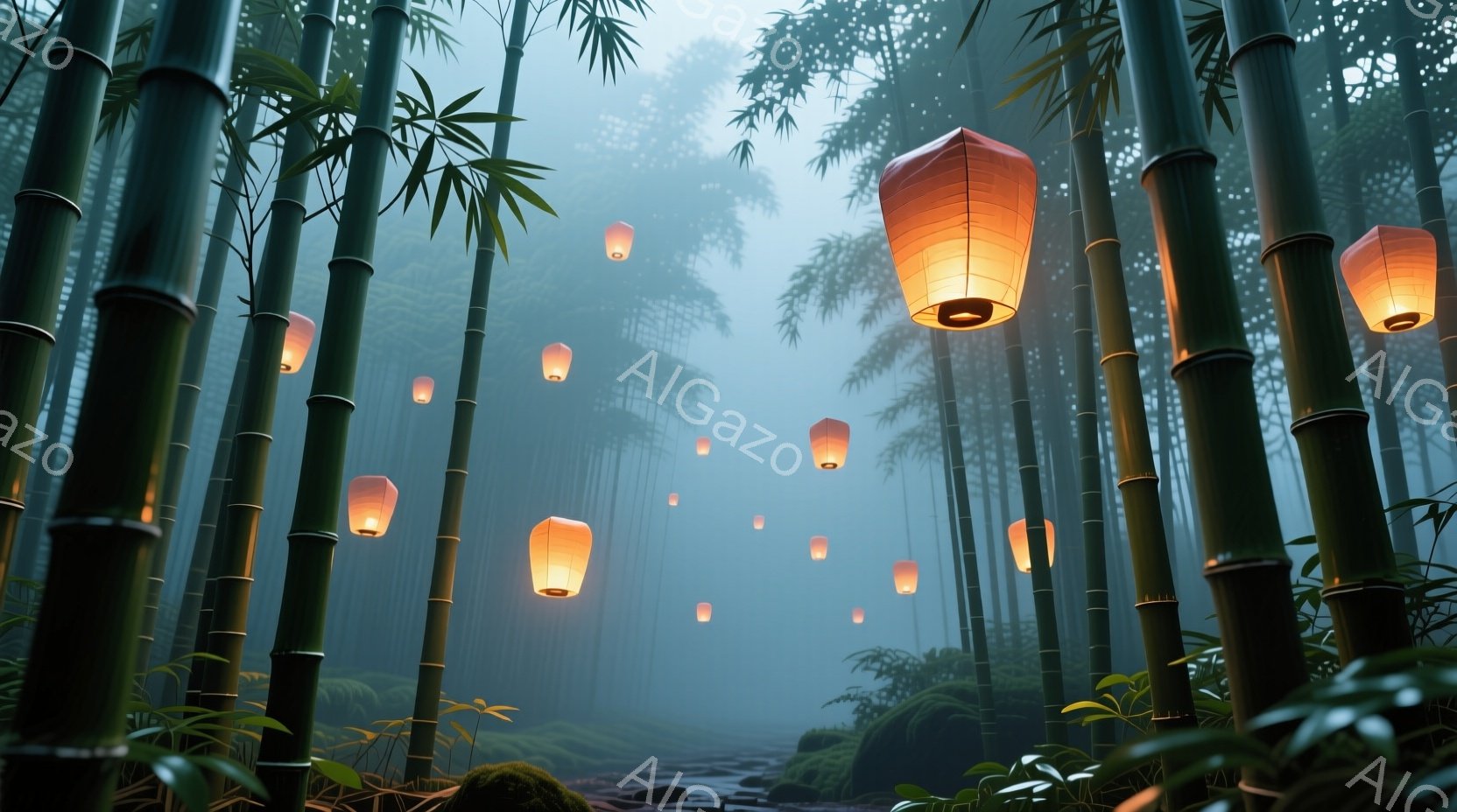 鬱蒼とした竹林が霧に包まれ、幻想的な雰囲気を醸し出している。空には、温かい光を放つ提灯が多数浮かび、竹林全体を優しく照らしている。地面には苔むした岩や小川が見え、静かで神秘的な空間が広がっている。 - AI生成フリー素材