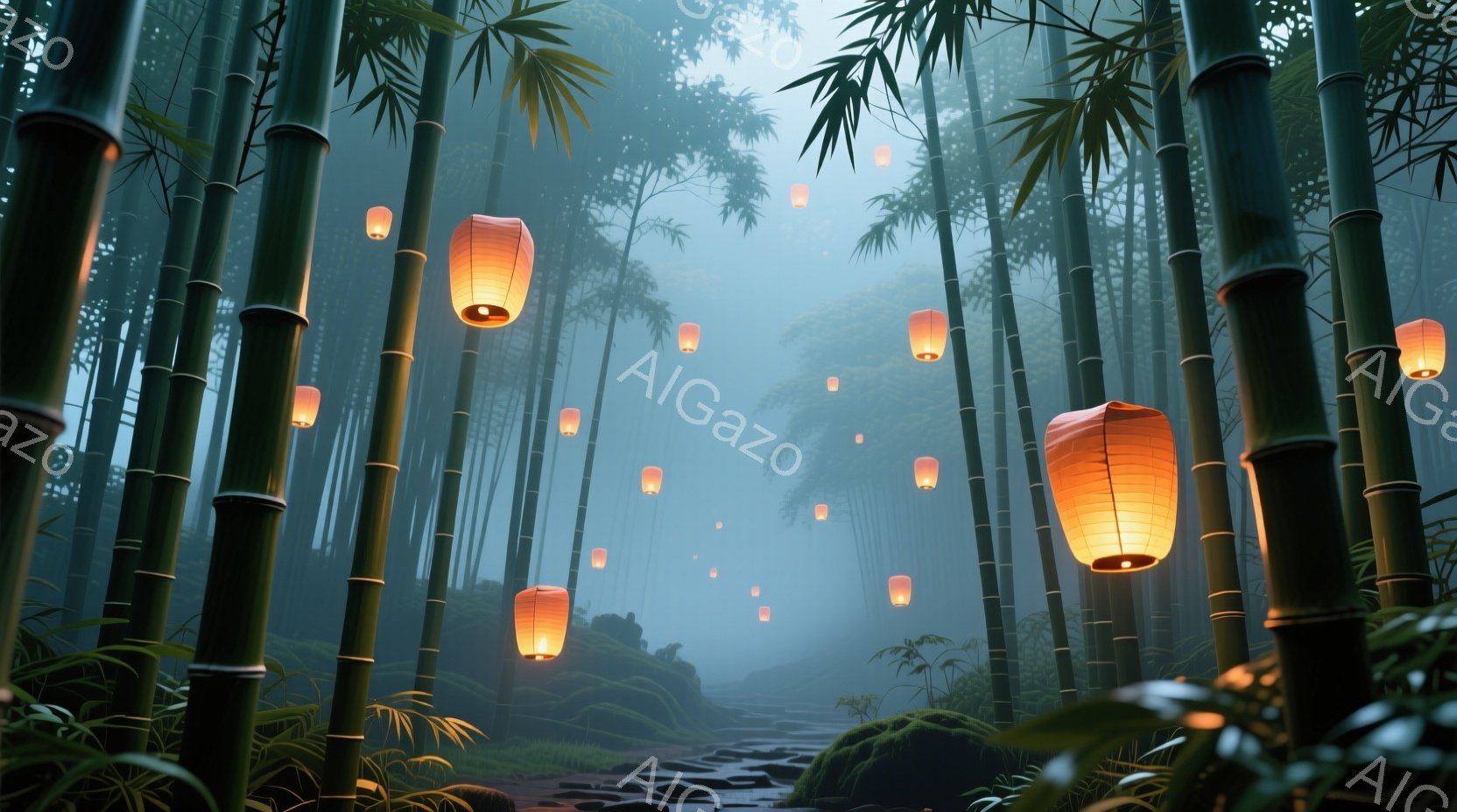 霧深い竹林が広がり、無数の提灯が空中に浮かび、幻想的な光景を作り出している。苔むした石畳の道が奥へと続き、湿った大地の匂いが感じられるような、静寂と神秘に満ちた雰囲気が漂っている。提灯の柔らかな光が竹 - AI生成フリー素材