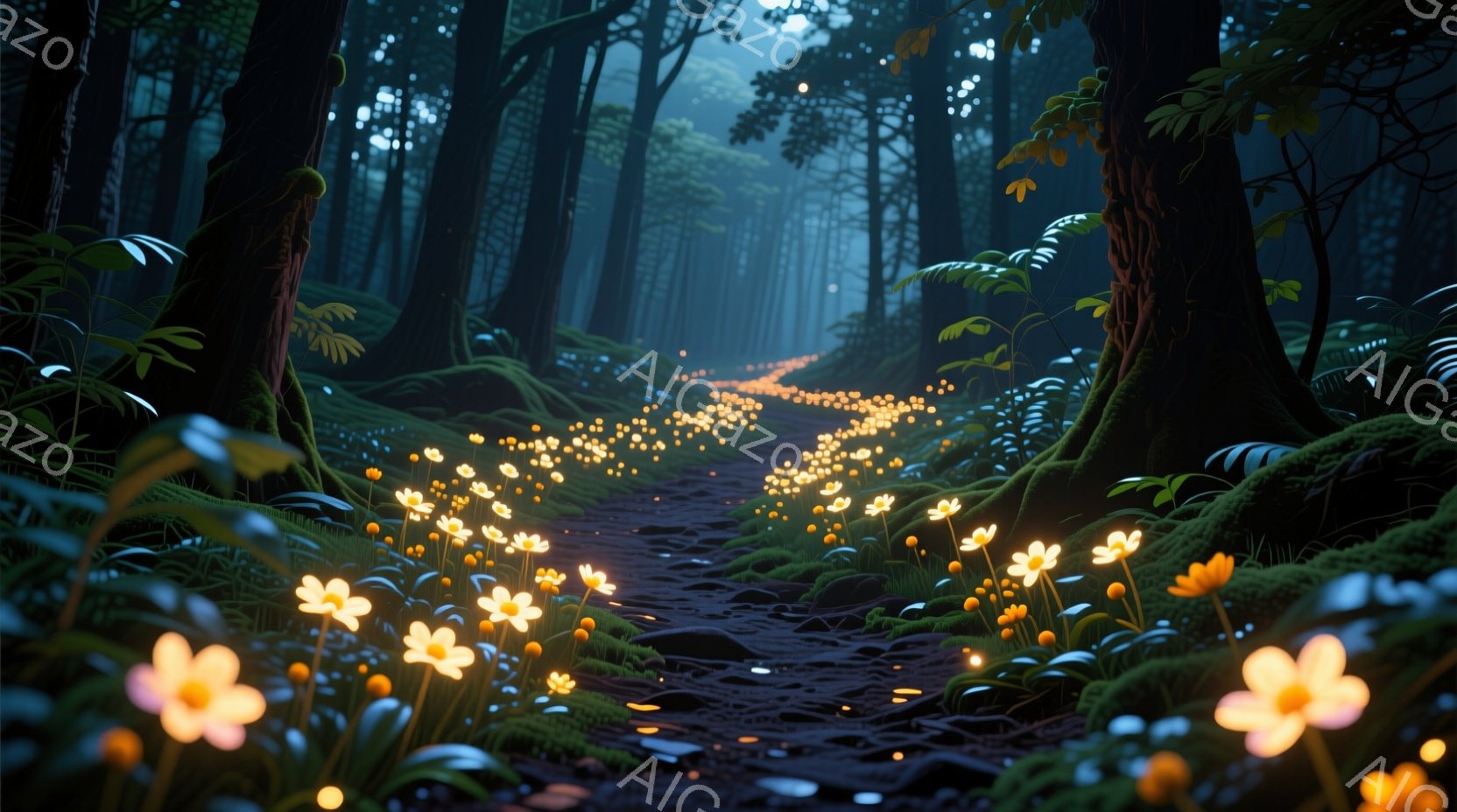 深い森の中を、緑の苔と光る花々が敷き詰められた小道が続いている。暗い木々の間から差し込む光が、ぼんやりと小道を照らし、幻想的な雰囲気を醸し出している。苔むした岩や根元に生える植物が、自然の豊かさを強調 - AI生成フリー素材