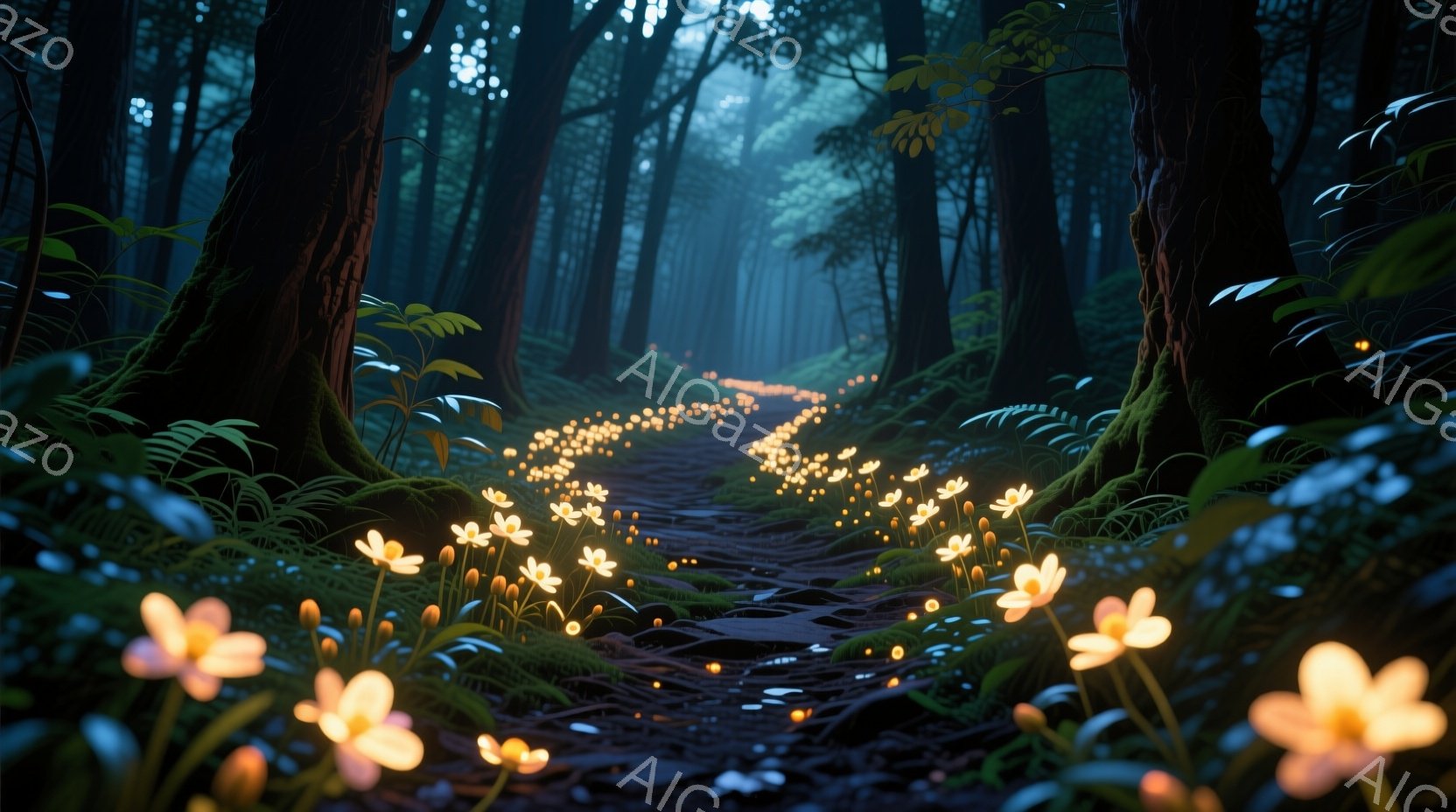 深い森の中を、光る花々が敷き詰められた小道が伸びている。背景にはうっそうとした木々と緑豊かな草が生い茂り、幻想的な雰囲気を醸し出している。道に沿って散りばめられた花々の淡い光が、暗闇の中で美しく輝き、神秘的な空間を作り出している。