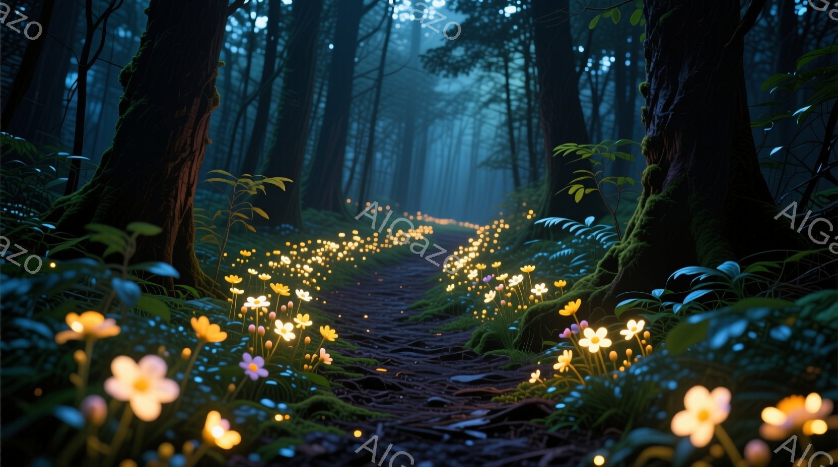 暗い森の中を蛇行する小道が描かれている。道端には光る花々が咲き乱れ、幻想的な雰囲気を醸し出している。背景は深い緑の木々で覆われ、霧がかった夜の森の神秘的な光景を表現している。 - AI生成フリー素材