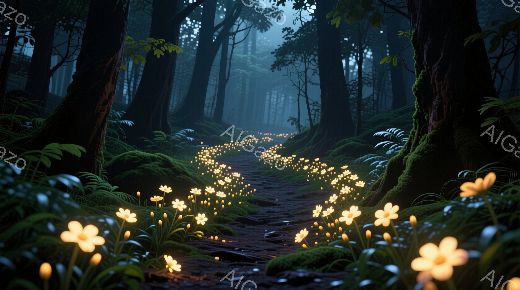 暗い森の中を縫うように続く石畳の道には、まるで星屑のように輝く小さな花々が咲き乱れている。鬱蒼とした木々や緑豊かな植物に囲まれ、湿った土の匂いが漂うような、静寂で神秘的な雰囲気が漂っている。光の粒が道 - AI生成フリー素材