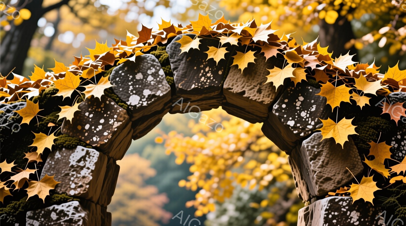 古びた石造りのアーチが、鮮やかな紅葉に覆われている。背景には、ぼやけた秋の森が広がり、暖かく穏やかな雰囲気を醸し出している。石の質感と紅葉のコントラストが美しく、静寂の中に自然の息吹を感じさせる。