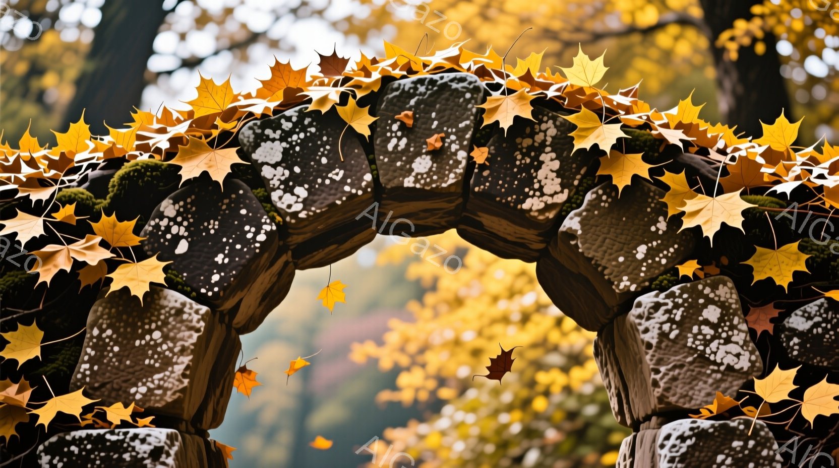 石造りのアーチが写真の中央に位置し、その上には鮮やかな紅葉が散りばめられています。背景は秋の色に染まった木々で、ぼやけた黄色のグラデーションが奥行きを強調しています。全体的に、穏やかでノスタルジックな秋の雰囲気が漂っています。