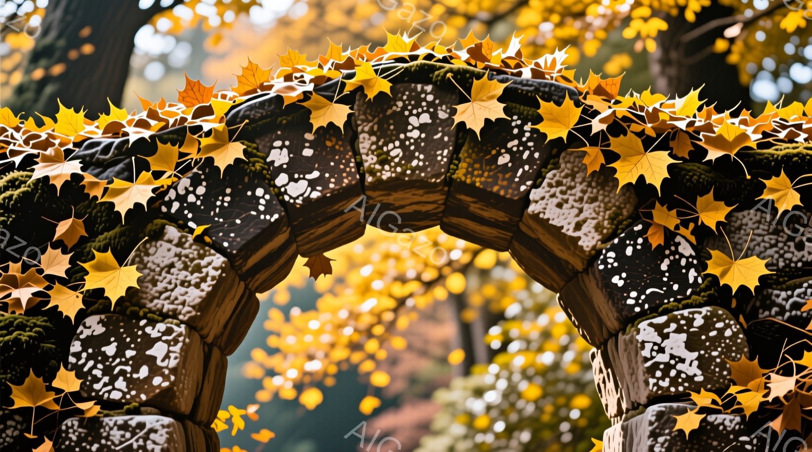 古い石造りのアーチが、鮮やかな黄色の落ち葉で覆われている。背景には、ぼやけた秋の木々と光が広がり、暖かく穏やかな雰囲気を醸し出している。石の表面には苔が生えており、年月を経た自然の美しさを感じさせる。