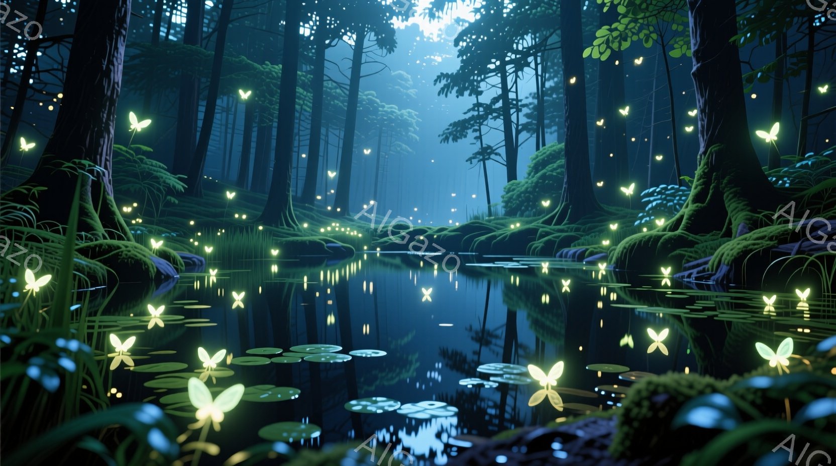 静かな池の水面に、無数の光る蝶が舞い、幻想的な光景を作り出している。背景には暗い森が広がり、木々の間から差し込む光が水面に反射し、神秘的な雰囲気を醸し出している。水面には睡蓮の葉が点在し、自然の美しさを際立たせている。