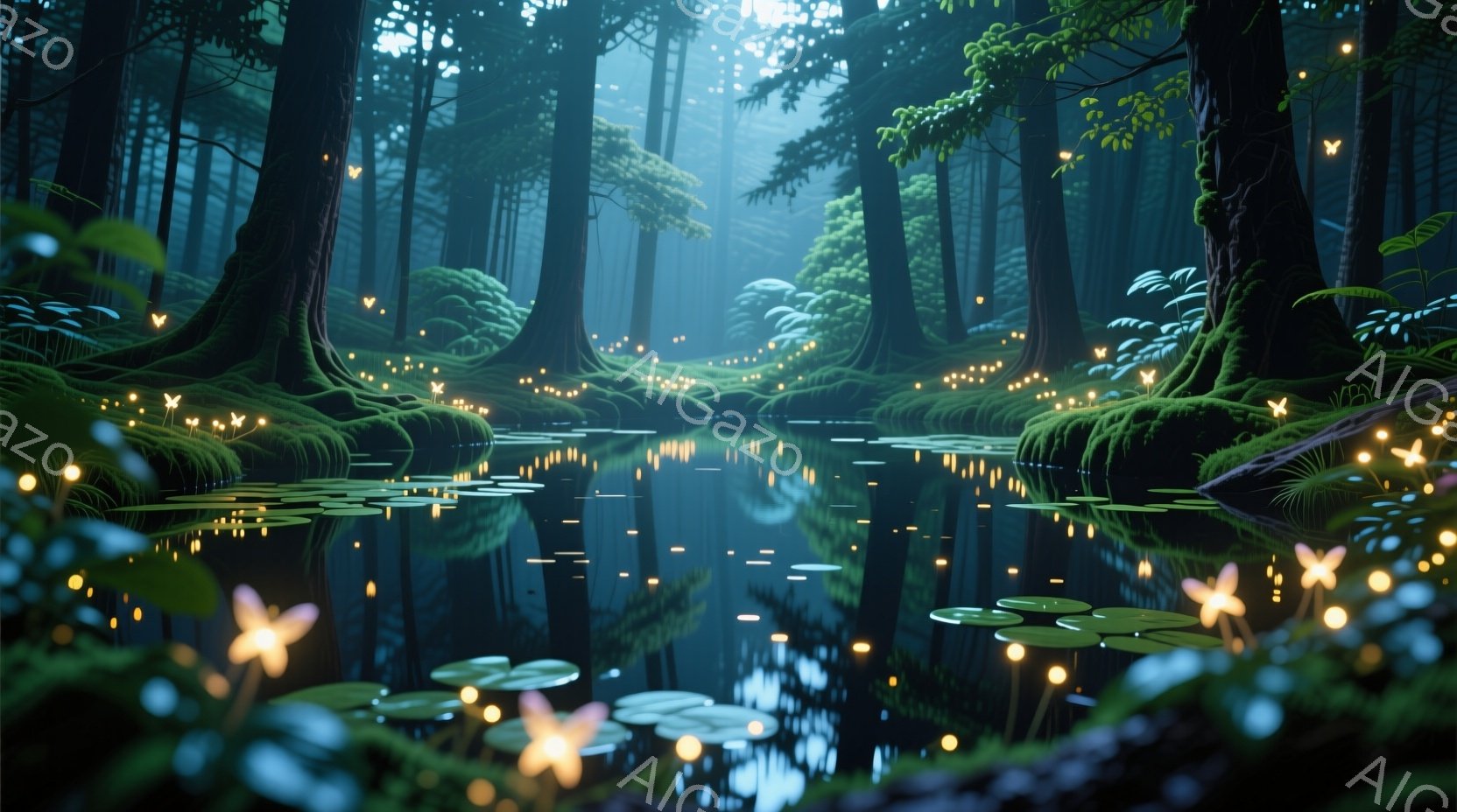 深い森の中に静かな池が広がっており、水面には水草が浮かび、その周りには光る花が散りばめられています。木々は高くそびえ立ち、背景は霧に包まれ、幻想的で神秘的な雰囲気を醸し出しています。池の水面は鏡のように周囲の木々を映し出し、光る花が水面に反射して、さらに幻想的な光景を作り出しています。