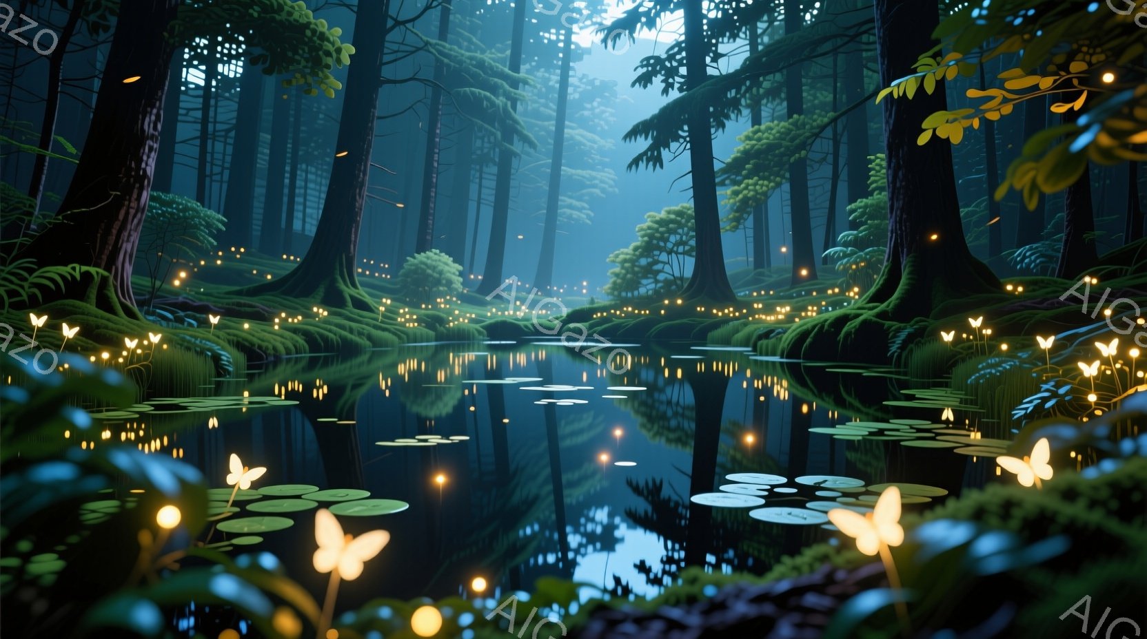 静かな沼が暗い森の中にあります。水面には光る植物や水仙が浮かび、周囲の木々や植物が水面に映り込んでいます。神秘的で幻想的な雰囲気で、夜の静寂と自然の美しさを感じさせます。