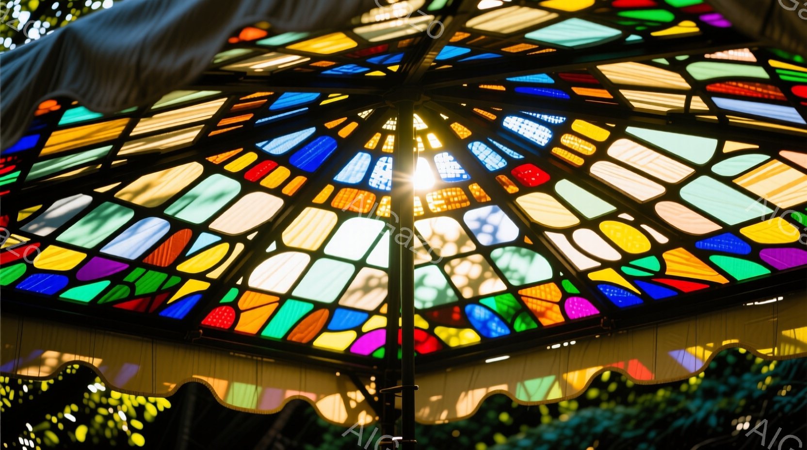 色とりどりのステンドグラスのような傘が、まるで天窓のように光を取り込んでいる様子が印象的だ。鮮やかな赤、青、黄色、緑などの色彩が組み合わさり、まるで万華鏡のような美しい模様を作り出している。背景には緑豊かな植物が見え、明るく幻想的な雰囲気を醸し出している。