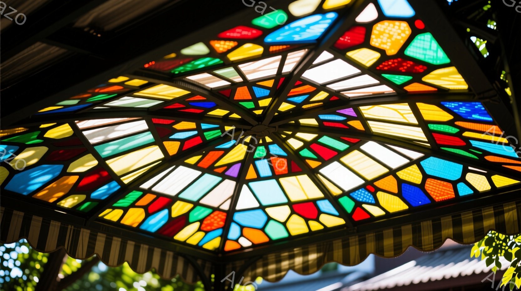 色とりどりのステンドグラスが放射状に配置された天井が印象的です。オレンジ、青、赤、黄色などの鮮やかな色彩が光を取り込み、独特の雰囲気を醸し出しています。周囲には植物の緑が見え、明るく開放的な空間であることを示唆しています。