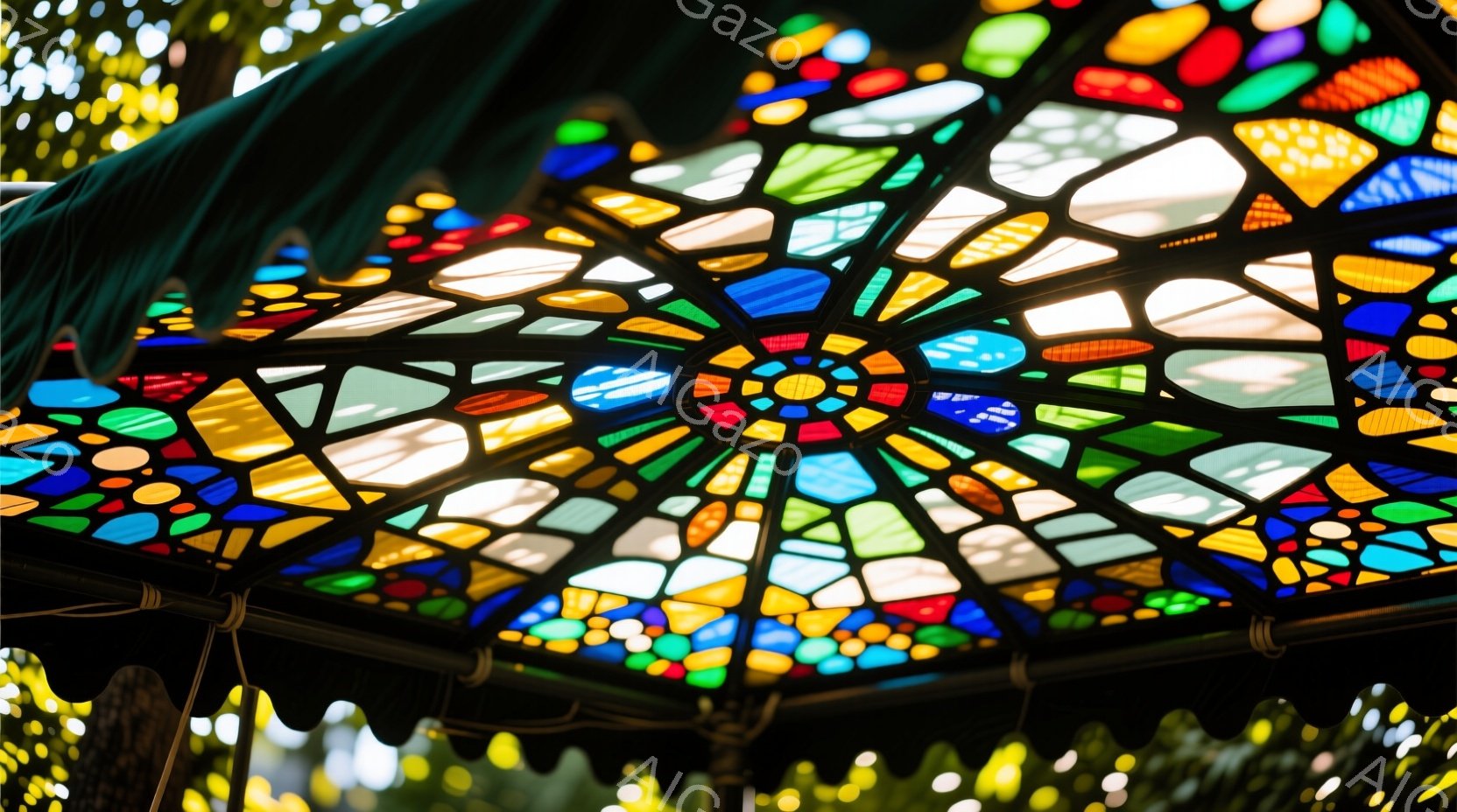 色彩豊かなステンドグラスのドーム状の天井を捉えています。赤、青、黄色、緑などの多様な色が、放射状に配置された小さなガラス片によって構成され、光が透過することで美しい模様が生まれています。天井は、おそらく屋外の構造物の一部であり、周囲は暗く、そのコントラストがステンドグラスの鮮やかさを際立たせています。