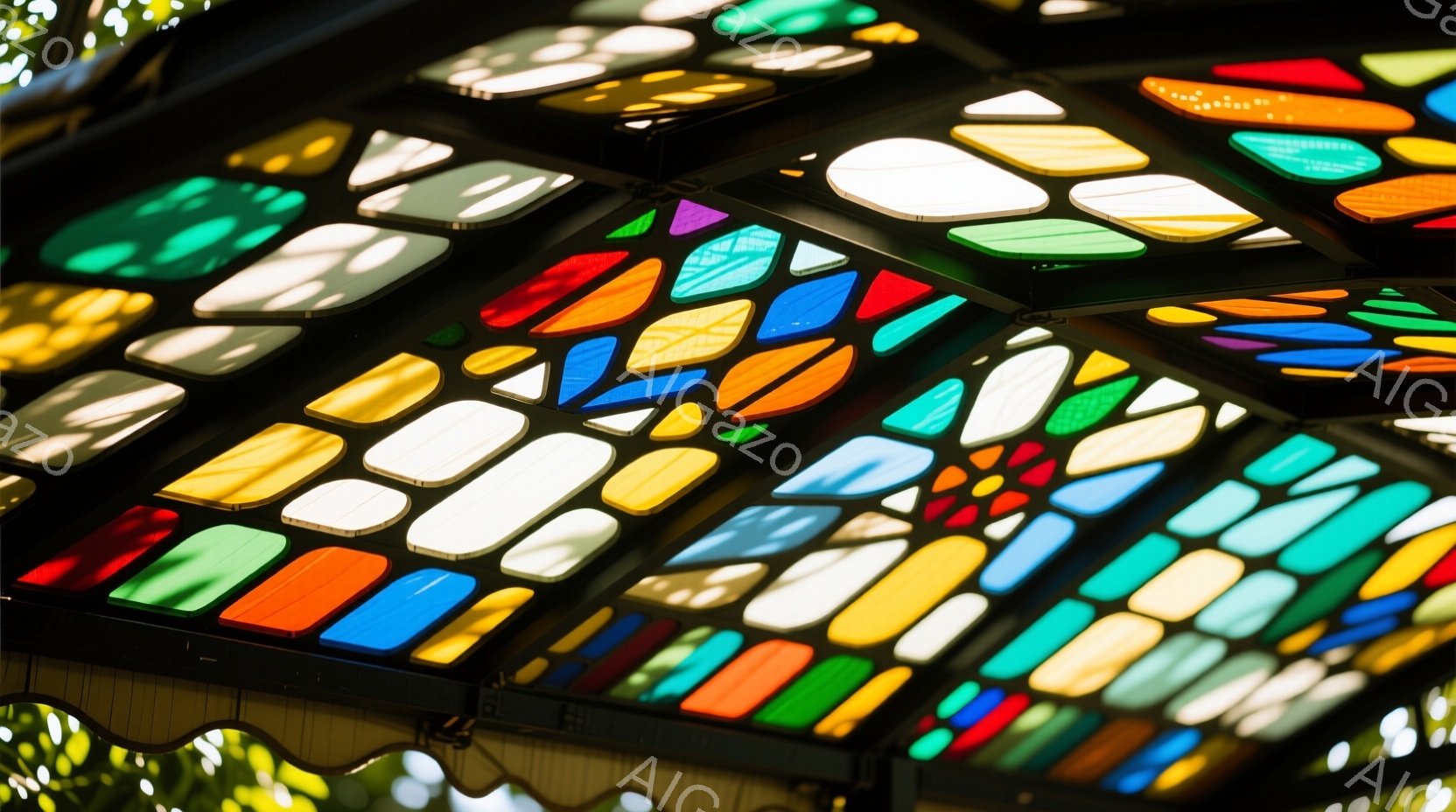 カラフルなステンドグラスの天井が印象的な写真です。様々な色（赤、オレンジ、黄色、緑、青）の正方形や長方形が組み合わされており、光が差し込んで明るく、幻想的な雰囲気を醸し出しています。木製の装飾が一部見え、自然と人工美が融合した空間を思わせます。