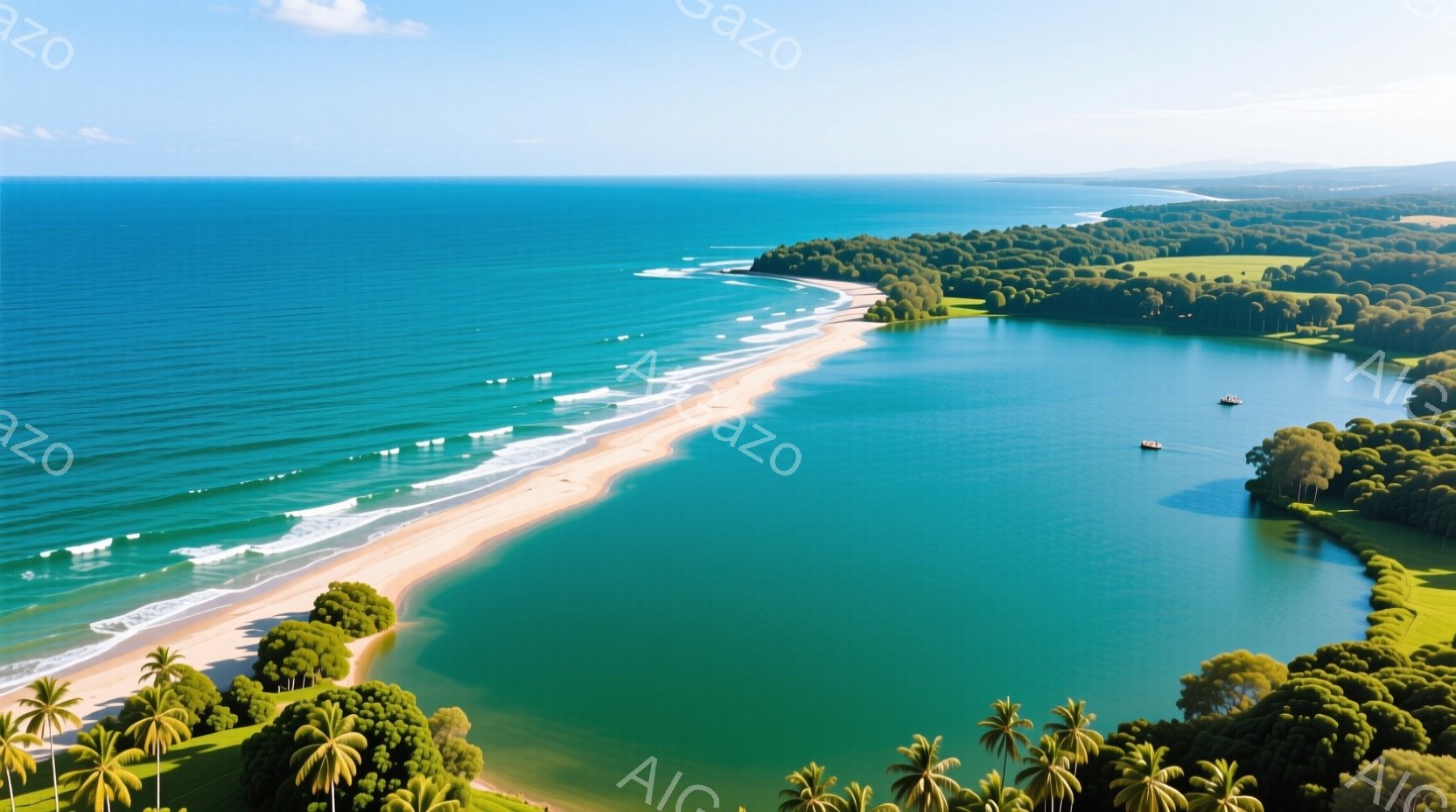 エメラルドグリーンの海と白い砂浜が印象的な風景です。海岸線に沿って緑豊かな木々が生い茂り、遠くには穏やかな青い海が広がっています。全体的に静かで平和な、リラックスできる雰囲気が漂っています。 - AI生成フリー素材