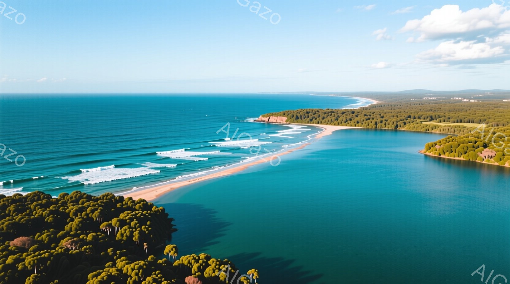 広大なエメラルドグリーンの海と、その両側に広がる緑豊かな森林が印象的な風景です。砂浜は白く、海には穏やかな波が打ち寄せ、遠くには海岸線が続きます。空は晴れ渡り、太陽の光が海面を照らし、静かで穏やかな雰囲気を醸し出しています。