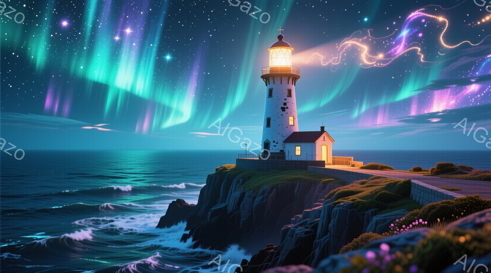 岩場の崖の上に白い灯台が建っており、緑豊かな草地と波が打ち寄せる青い海が広がっています。夜空にはオーロラのような鮮やかな光の帯が輝き、灯台からの光と相まって幻想的な雰囲気を醸し出しています。全体的に穏やかで神秘的な、まるで絵画のような光景です。