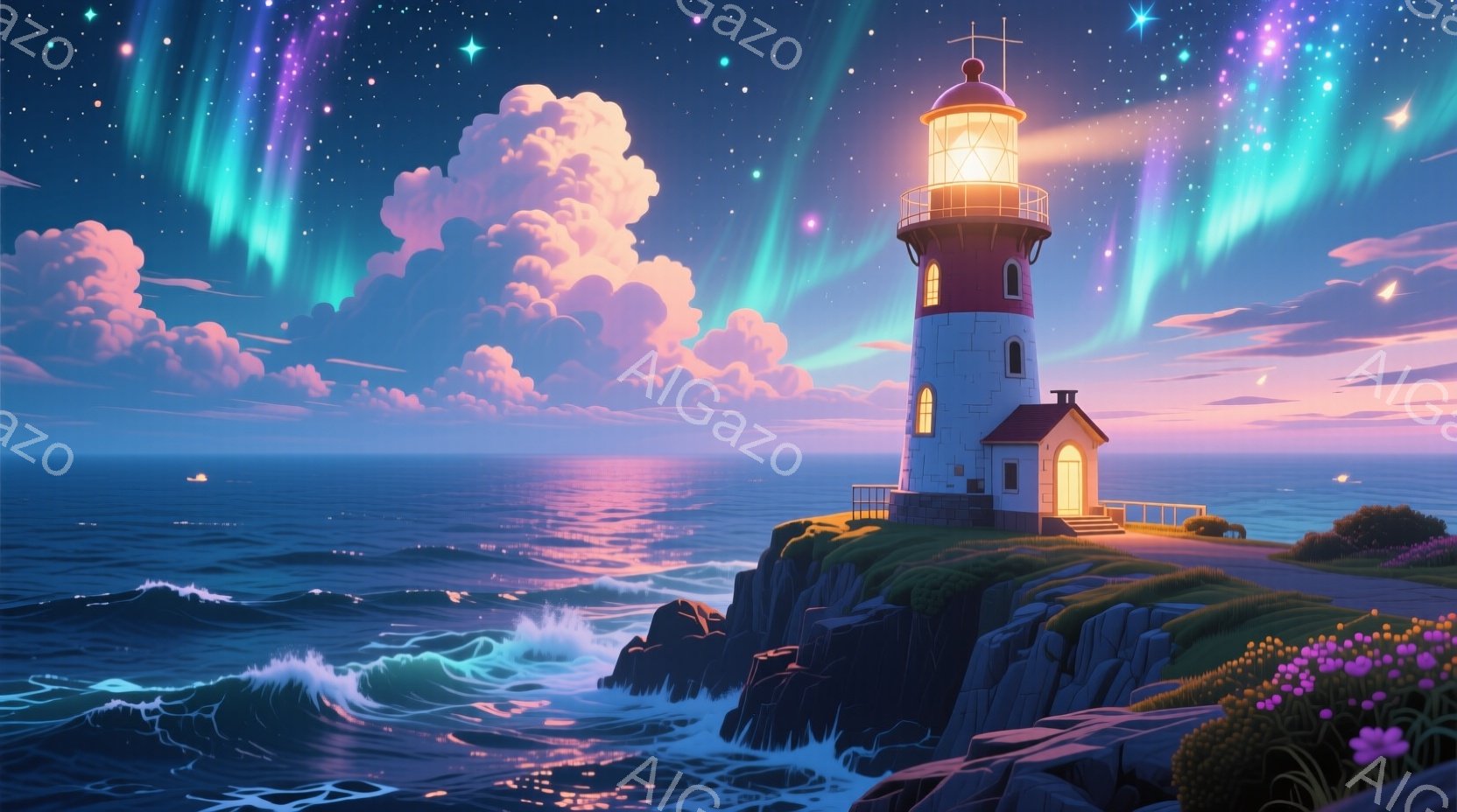 岩の上に建てられた白と赤の灯台が印象的な光を放ち、周囲を照らしている。波が打ち寄せ、空にはオーロラのような美しい光の帯が広がり、幻想的な雰囲気を醸し出している。灯台の周辺には、鮮やかなピンク色の花々が - AI生成フリー素材