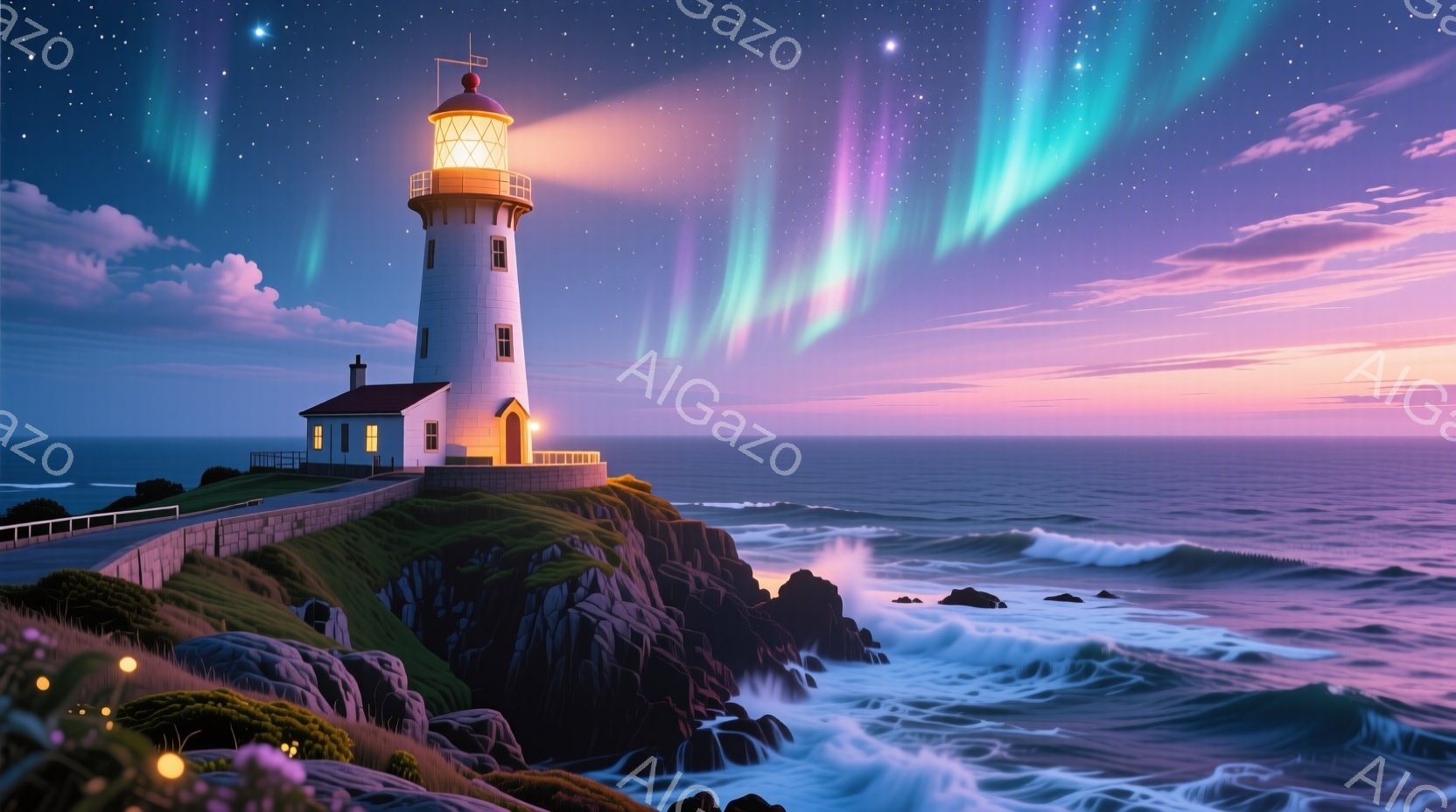 海岸の岩の上に立つ白亜の灯台が印象的な画像です。夜空にはオーロラが輝き、波が打ち寄せ、灯台の暖かい光がそのコントラストを際立たせています。全体的に、静寂で神秘的な雰囲気が漂い、自然の力強さと美しさが感 - AI生成フリー素材