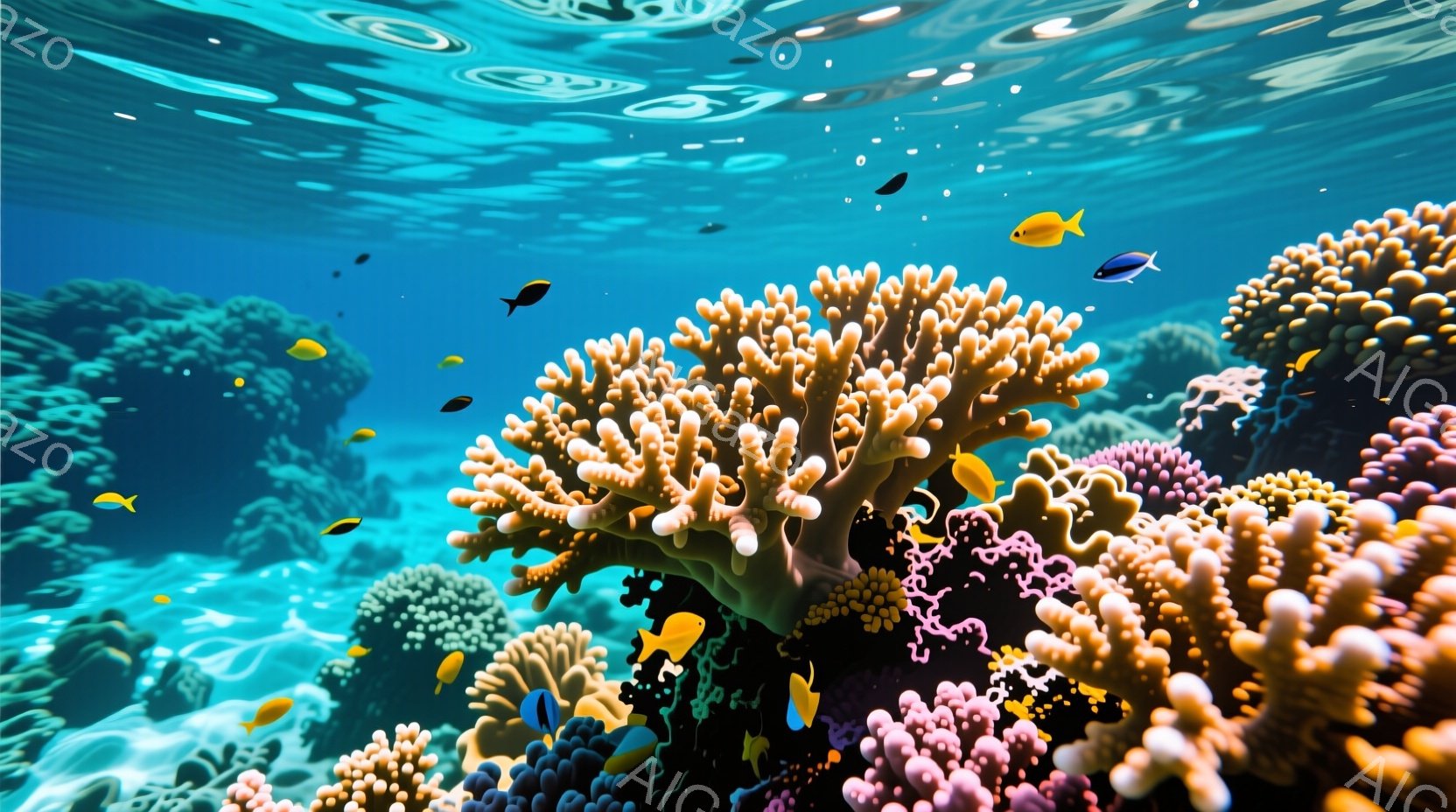 鮮やかな珊瑚礁が広がり、オレンジ、ピンク、紫色の様々な珊瑚が密集して生息している様子が描かれている。 小さな黄色や青色の魚が珊瑚の間を泳ぎ回り、海中での活気を感じさせる。 水面からの光が差し込み、珊瑚や魚を照らし出し、幻想的で美しい水中世界を表現している。