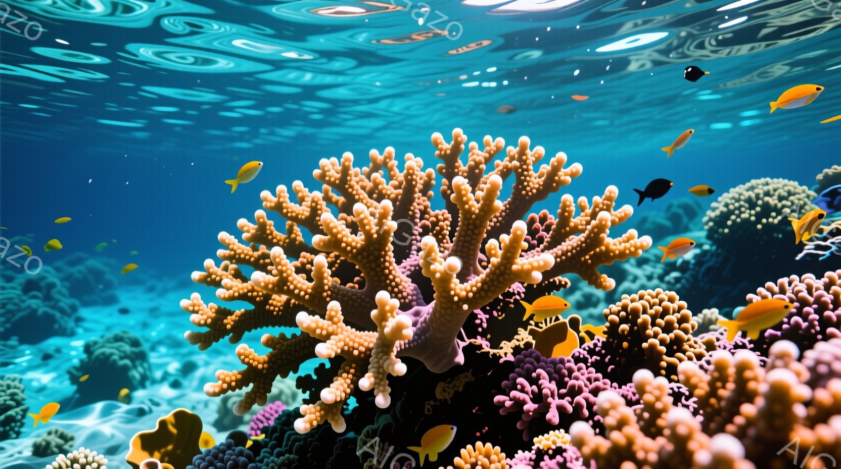 色鮮やかなサンゴ礁が広がり、オレンジ色の小魚たちが群れをなして泳いでいる様子が捉えられています。複雑な形状のサンゴはピンク、紫、オレンジ色など様々な色合いで、水中の光を受けて輝きを増しています。背景には岩場や他のサンゴが見え、全体的に穏やかで神秘的な雰囲気が漂っています。