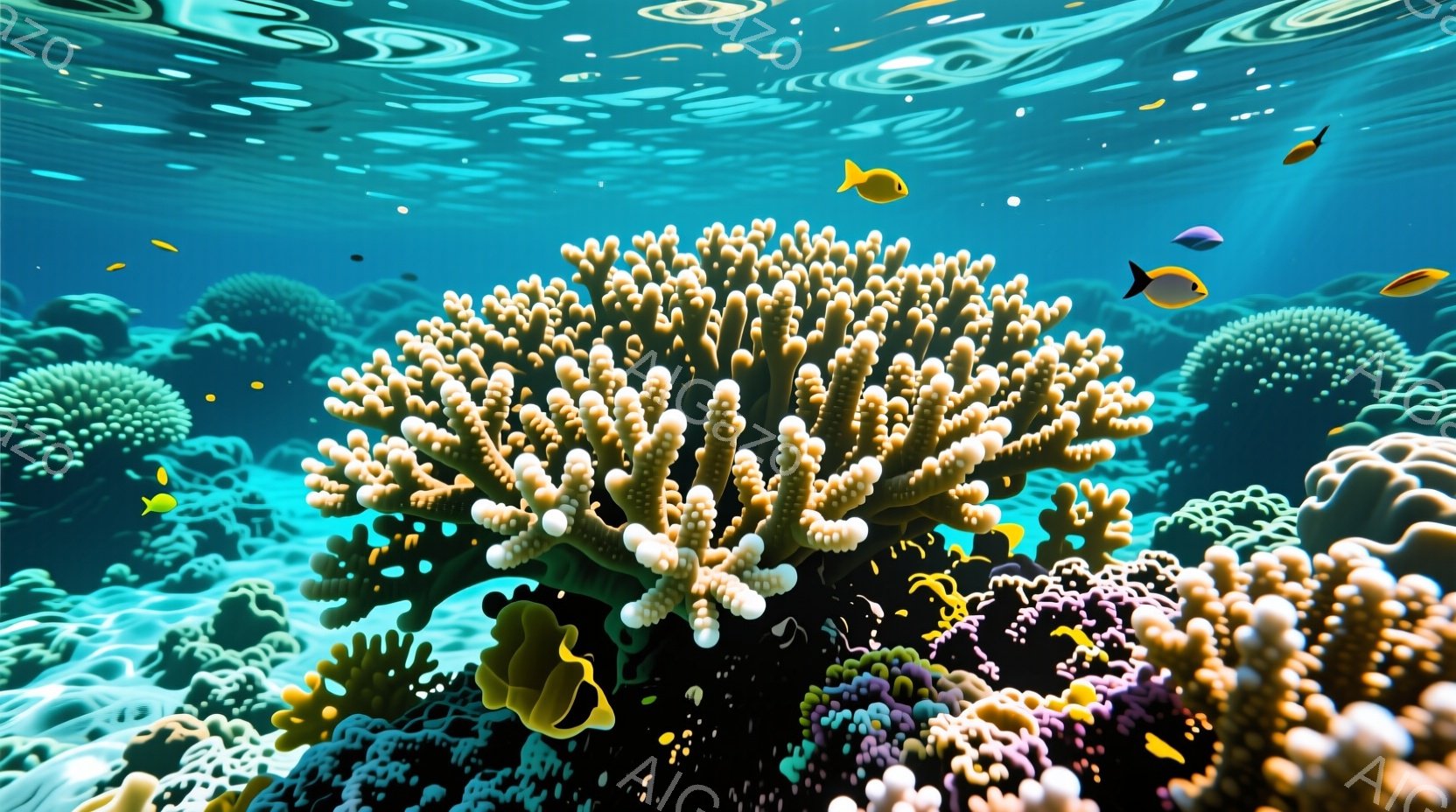 鮮やかな珊瑚礁が広がる水中写真です。様々な種類の珊瑚が密集し、オレンジ、ピンク、紫などの色彩が混ざり合って美しい景観を作り出しています。小さな熱帯魚が珊瑚の間を泳ぎ、水面からの光が差し込み、幻想的な雰囲気を醸し出しています。