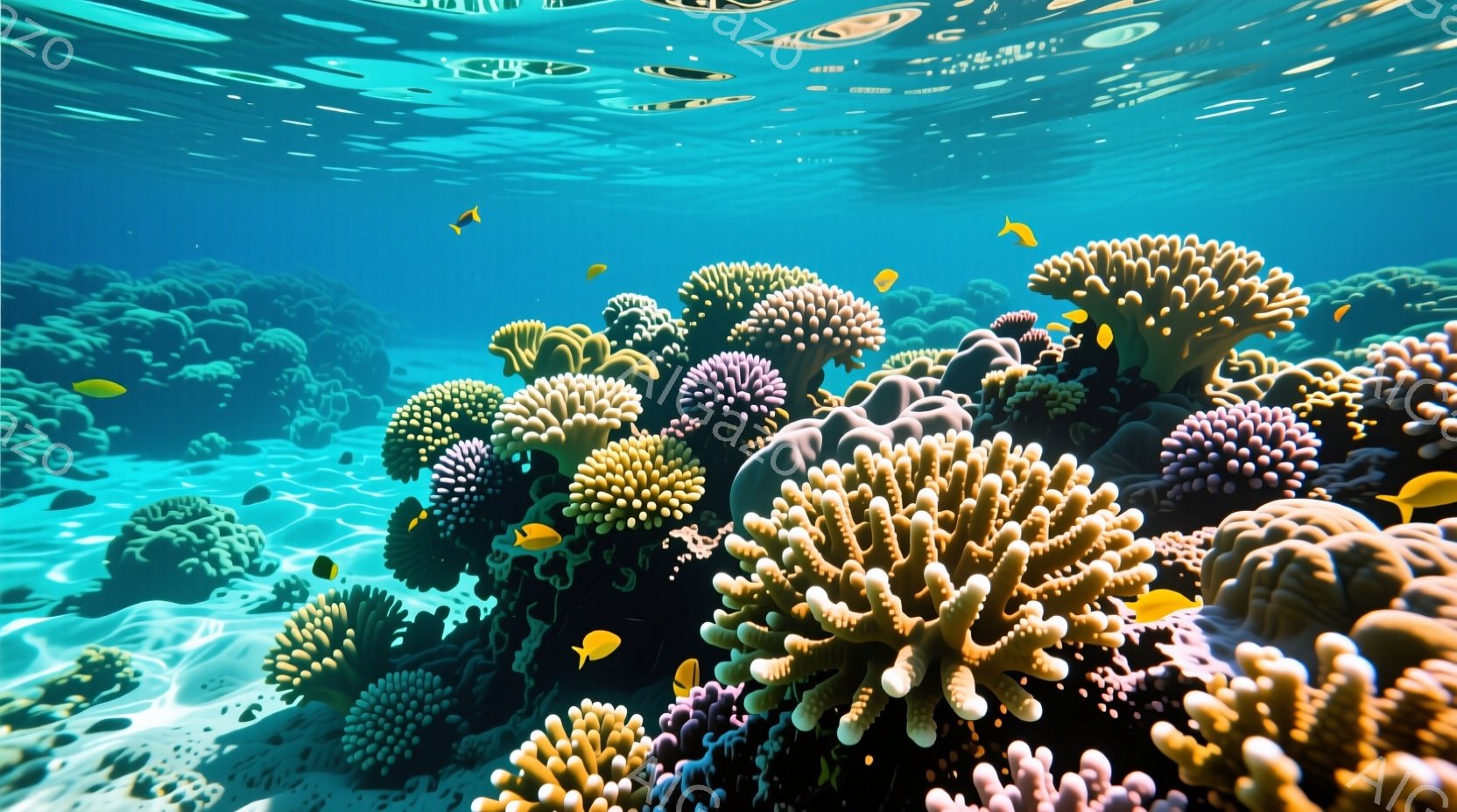 鮮やかな珊瑚礁が広がり、様々な形と色の珊瑚が密集している。数匹の黄色い魚が珊瑚の間を泳ぎ、水面からは光が差し込み、幻想的な雰囲気を醸し出している。全体的に穏やかで生命力に満ちた、海中の楽園のような光景である。