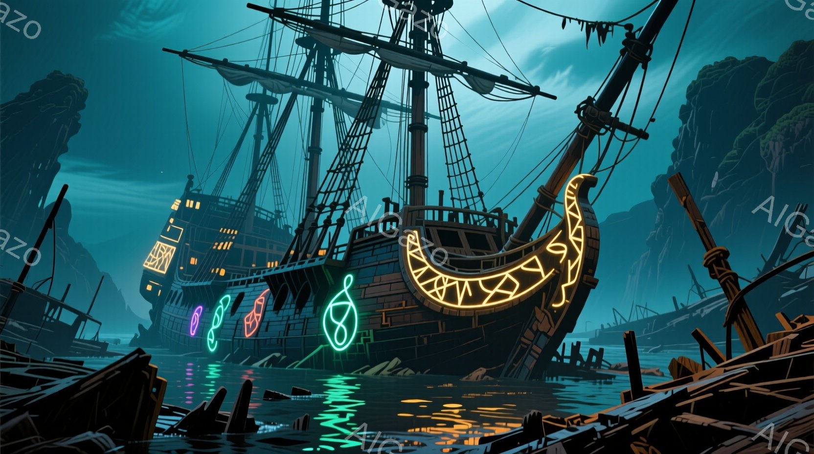 朽ちかけた木造船が、薄暗い水面に浮かび、その船体にはネオン色の装飾が施されている。背景には険しい岩場がそびえ立ち、霧がかった薄暗い空が不気味な雰囲気を醸し出している。船の周りには漂流物や沈没した船の残骸が点在し、全体として廃墟とサイバーパンクが融合したような、独特の世界観が表現されている。