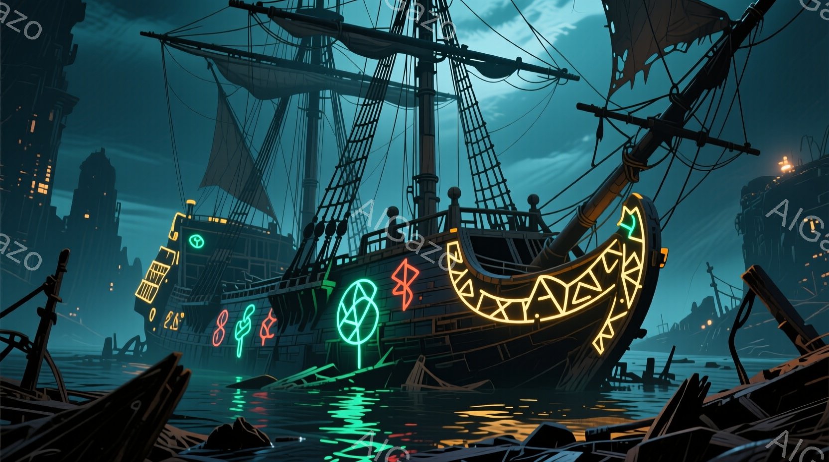 暗い水上に浮かぶ、ネオンライトで装飾された古い帆船を描いている。船体には複雑な幾何学模様が光り輝き、背景にはぼやけた都市のシルエットと、霧に包まれた不気味な自然が広がっている。全体的に、近未来的な雰囲気と歴史的な船の組み合わせが、幻想的で少し不穏な印象を与える。