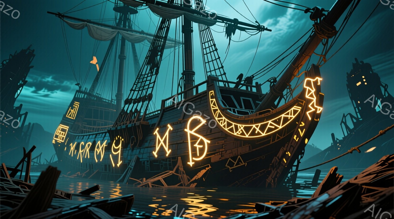 暗い水面に浮かぶ黒い船が印象的で、船体には奇妙な光る記号が描かれています。背景にはぼんやりとした建造物と、暗い空が広がっており、不気味で幻想的な雰囲気が漂っています。水面には船の影が映り込み、全体的に静かで寂しげな印象を与えます。