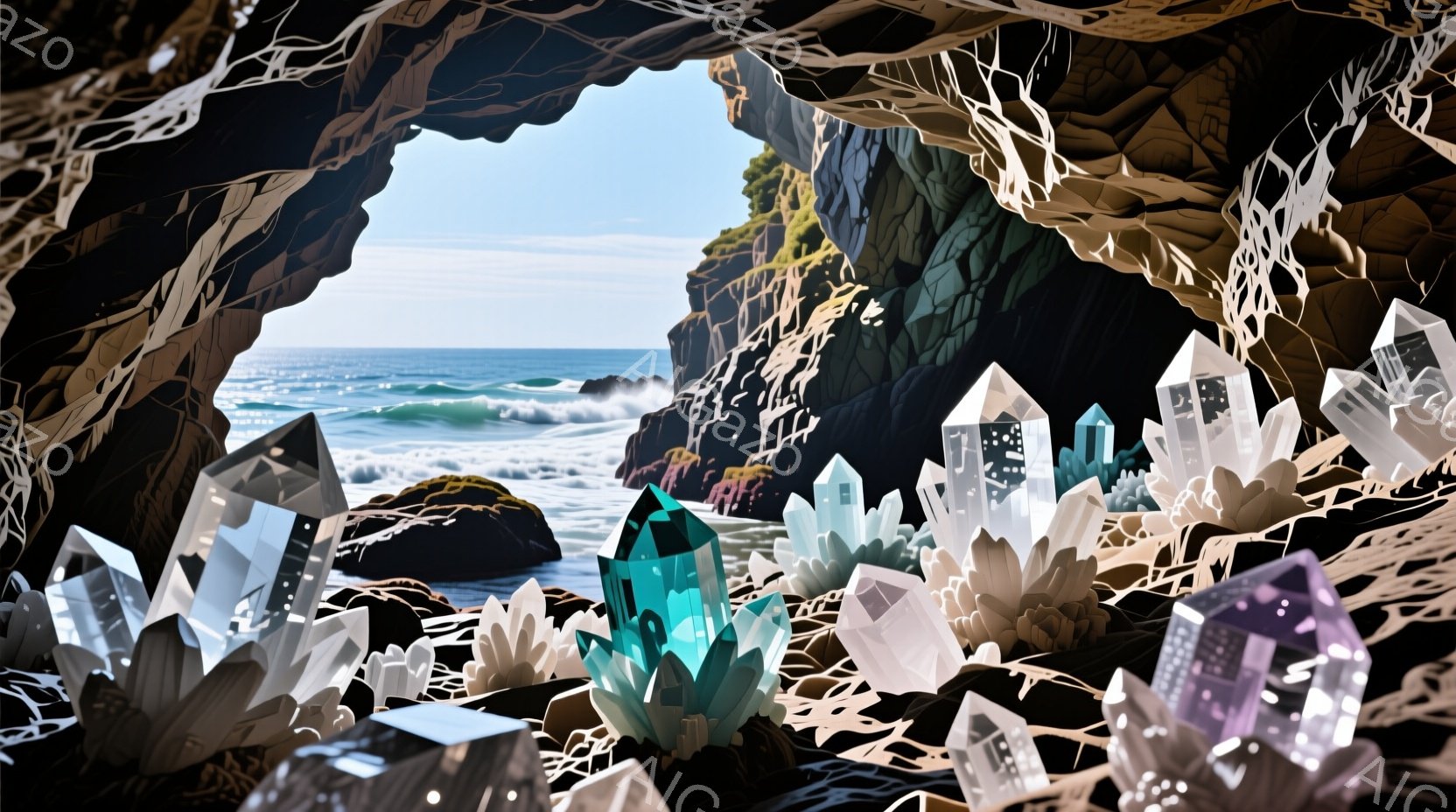 洞窟内に様々な色のクリスタルが密集しており、その奥には青い海と岩場が見える風景です。クリスタルは透明、水色、紫色など多様な色彩を持ち、光を反射して輝いているように見えます。洞窟の入り口から差し込む光と、クリスタルの輝きが幻想的な雰囲気を醸し出しています。