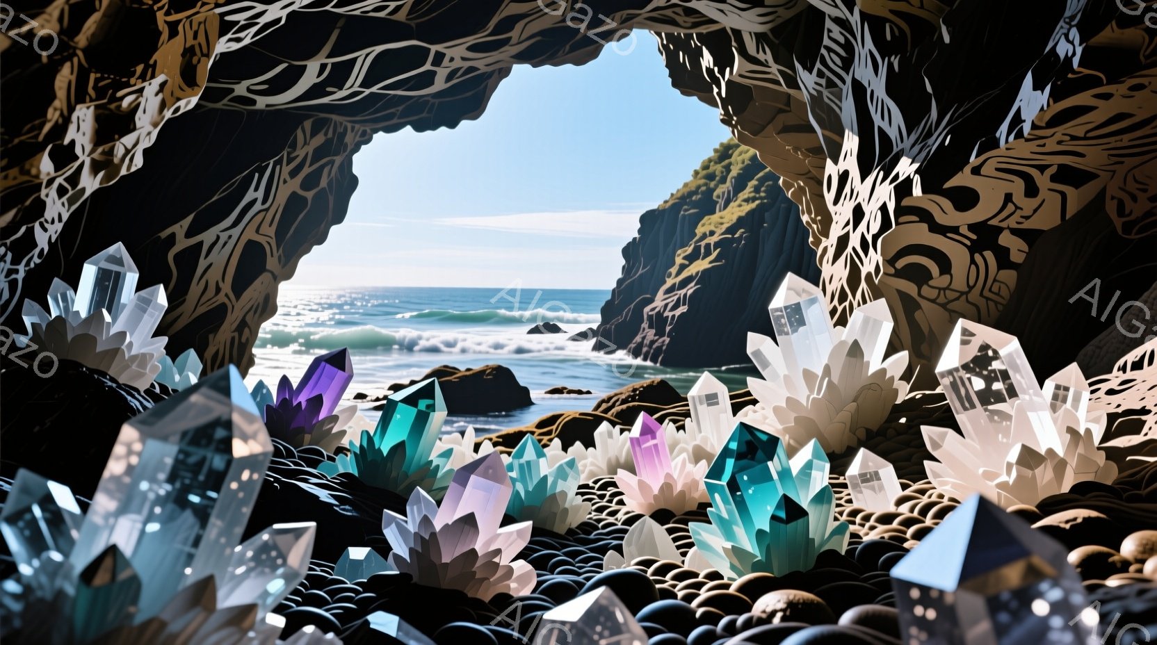 洞窟の入り口から、エメラルドグリーンの海と白い砂浜が広がる海岸線が見える。洞窟内は、黒い小石の上に様々な色の結晶が密集しており、まるで宝石の洞窟のようだ。太陽の光が差し込み、結晶が輝き、幻想的な雰囲気を醸し出している。