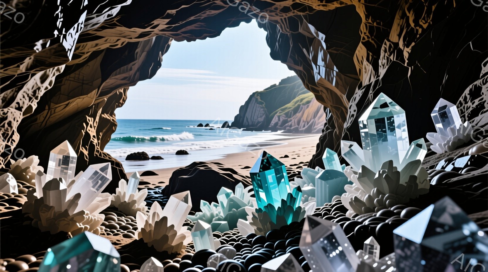 洞窟の入り口から、砂浜と青い海が見える風景です。洞窟内には、様々な大きさの水晶や球状の石が密集しており、光を反射して輝いています。全体的に神秘的で幻想的な雰囲気で、自然の美しさと静寂が感じられます。