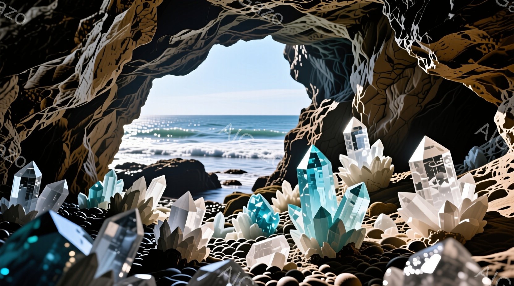 海岸を見下ろす洞窟内に、様々な大きさの水晶が密集して生えている様子が描かれている。青緑色の水晶と透明な水晶が混ざり合い、洞窟の暗い岩肌とのコントラストが印象的である。波の音と太陽の光が感じられる、幻想的で神秘的な雰囲気の風景だ。