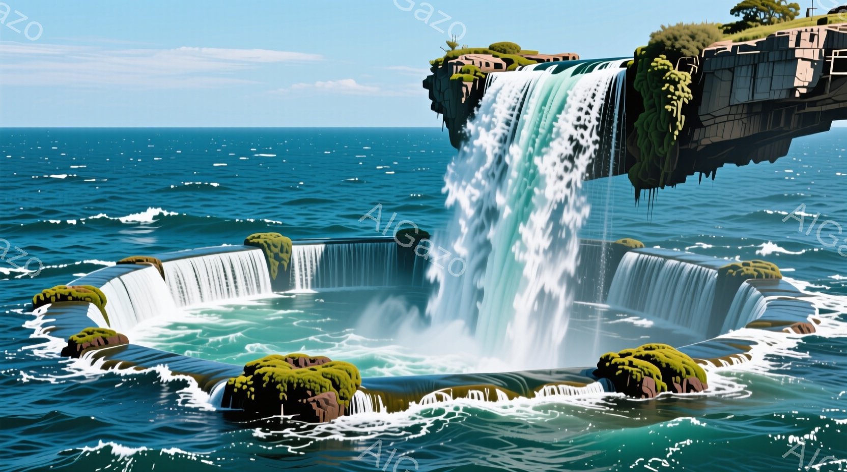 巨大な環状の岩盤が海に浮かび、中央から滝が流れ落ちている様子が描かれている。岩盤には緑色の苔や植物が生い茂り、その上には小さな建物が建っている。背景は青い海と空で、全体的に幻想的で神秘的な雰囲気を醸し出している。