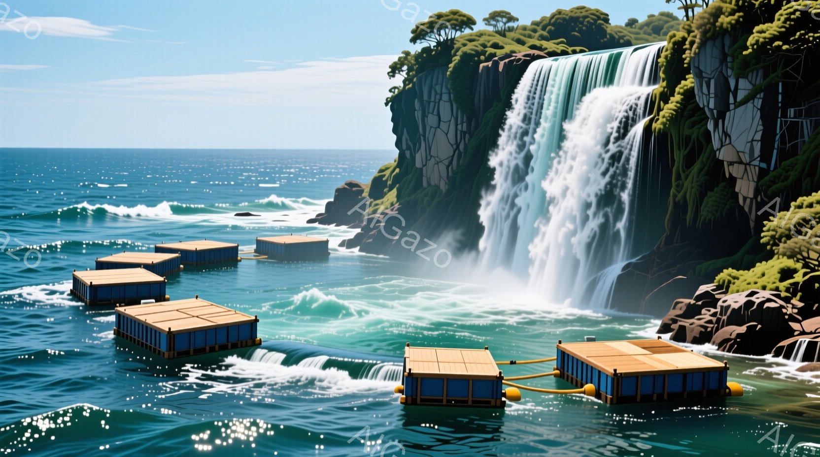 荒々しい岩場と青い海を背景に、巨大な滝が流れ落ちています。海面には、木製の筏のようなものが点在しており、波に揺れています。全体的に、自然の力強さと静寂が入り混じった、神秘的な雰囲気が漂っています。