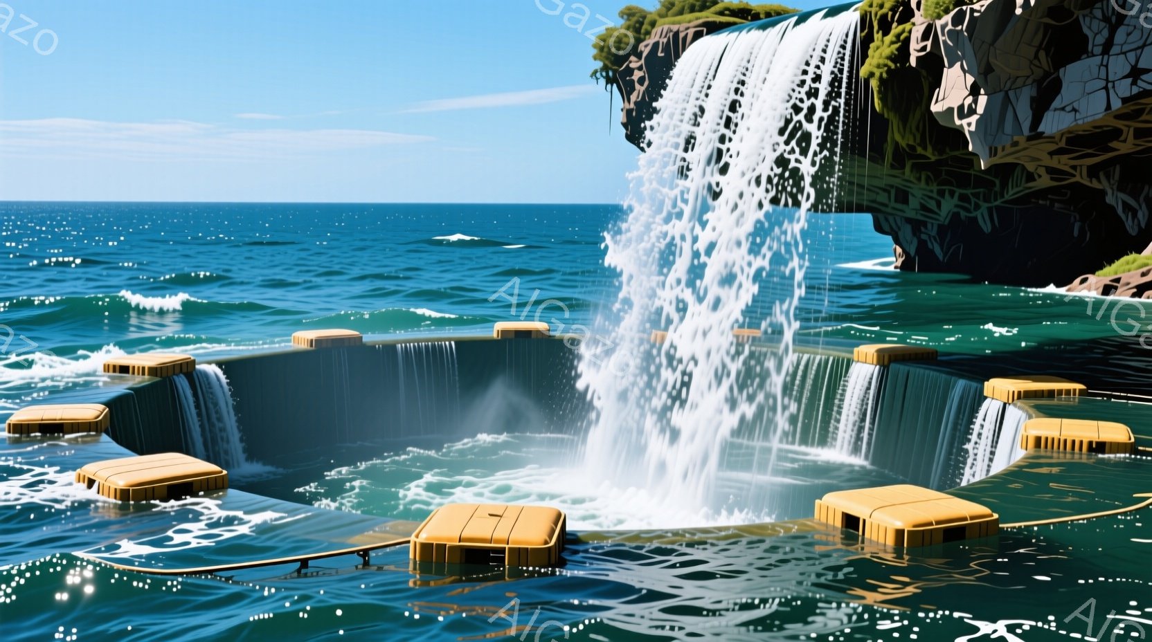 ターコイズブルーの海に面した崖の上に、ユニークな形状の滝が流れ落ちている。滝は、幾何学的なオレンジ色の浮き輪のような構造物が散りばめられた水たまりに流れ込み、まるで遊園地のアトラクションのようである。背景には青い海と緑豊かな崖が広がり、晴れた日差しが水面に反射してキラキラと輝いている。