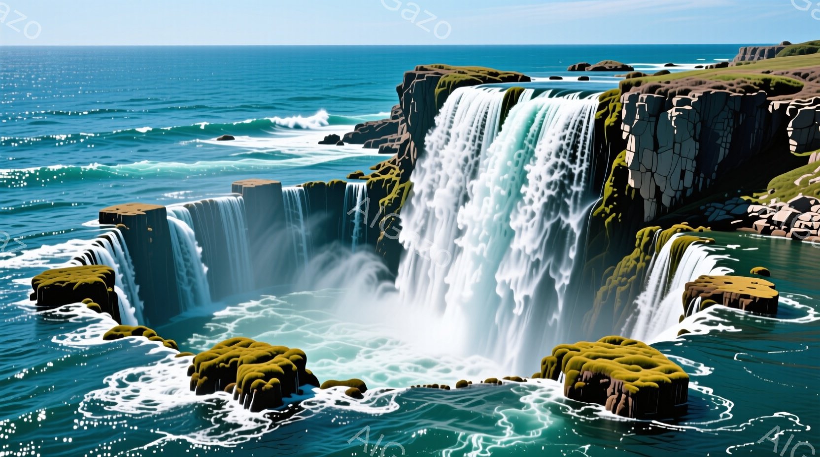 険しい崖に囲まれた滝が、エメラルドグリーンの海へと流れ落ちています。滝の周りには苔むした岩が点在し、白波が打ち寄せ、ダイナミックな自然のコントラストを生み出しています。晴れた空と穏やかな海が、壮大な滝の景色をさらに引き立てています。