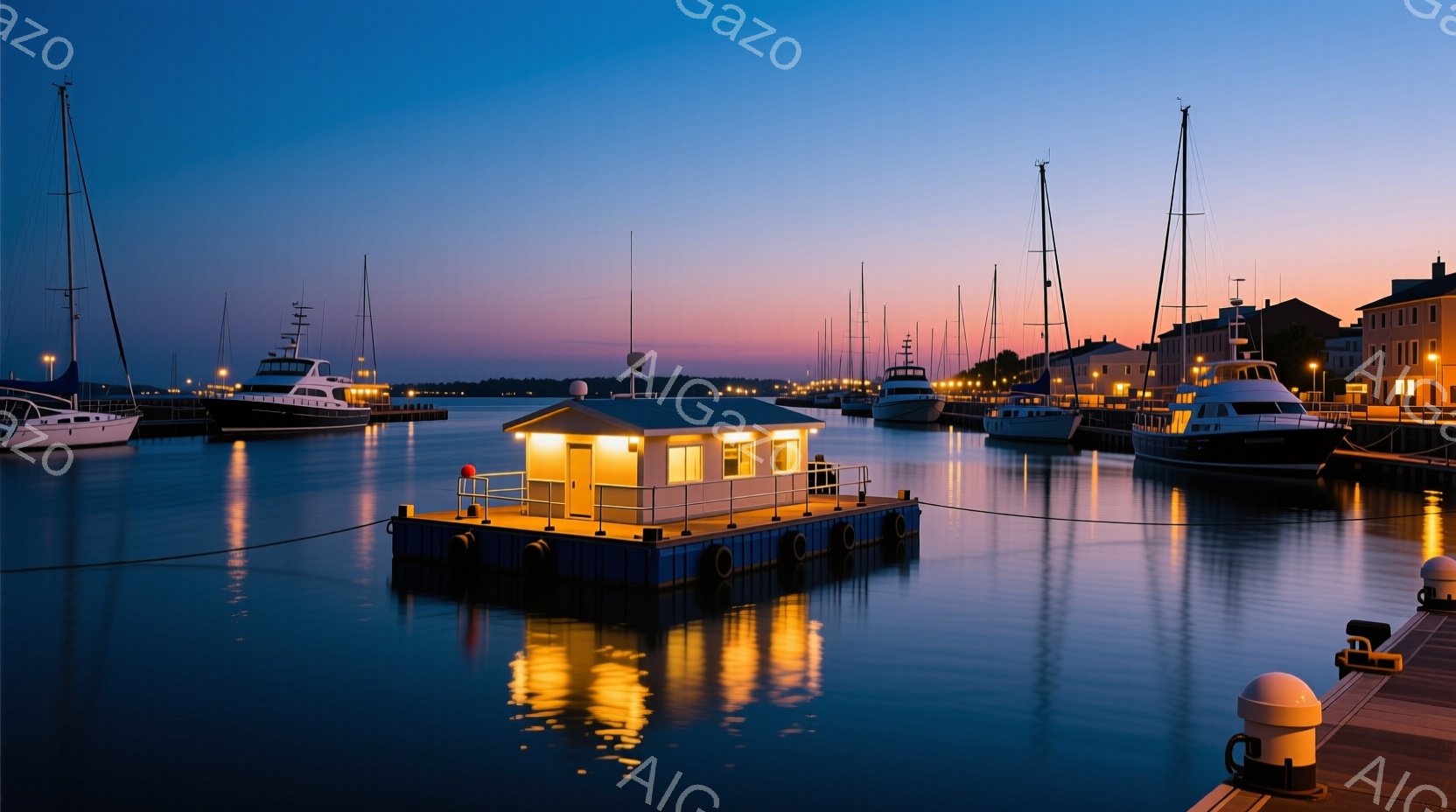 静かな港には、様々なヨットや船が停泊しており、水面にその姿を映し出している。水面近くには、照明の灯った小さな浮き家があり、その明かりが水面に反射して黄金色の輝きを放っている。背景には薄暗い建物が見え、空は夕暮れ時の淡いオレンジ色から濃い青色へとグラデーションを描き、穏やかで幻想的な雰囲気を醸し出している。