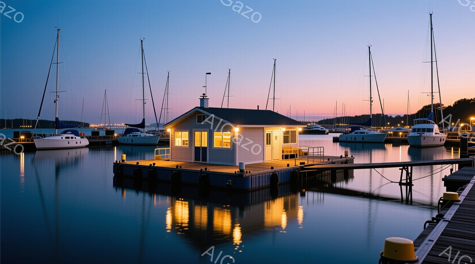 静かな港に浮かぶ、白塗りの小さな家が印象的です。穏やかな水面に家と周辺のボートが美しく映り込み、夕焼け空がオレンジと紫のグラデーションを描き出しています。全体的に落ち着いた雰囲気で、静寂と安らぎを感じさせます。